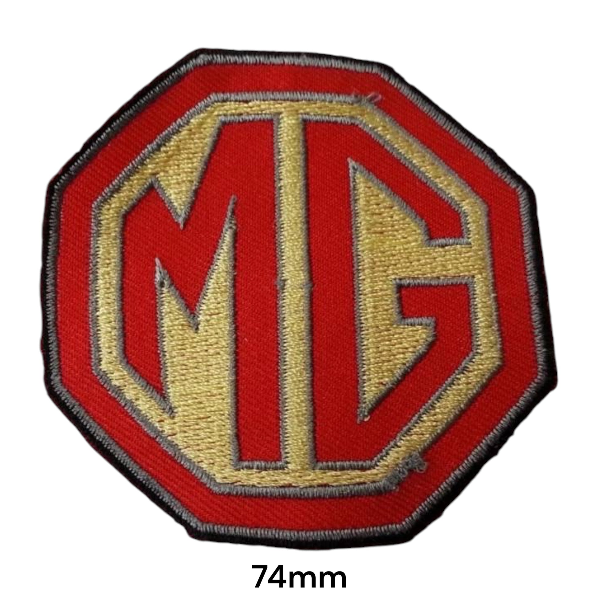 MG Octagon Logo Embroidered Patch 74mm – octagon-shaped red badge with large gold MG lettering, silver outline and black border