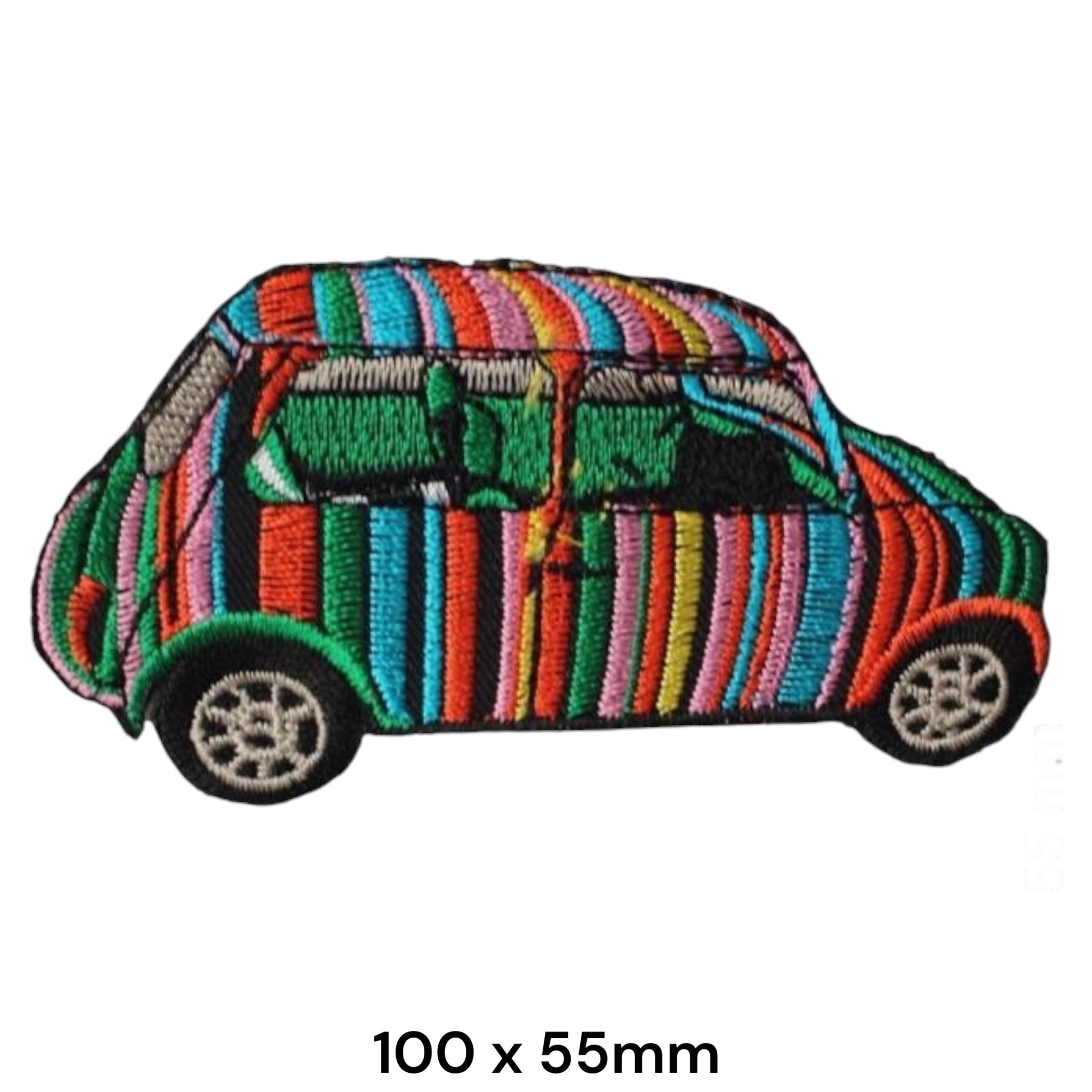 Mini Cooper Rainbow Stripes Embroidered Patch 100x55mm – Mini silhouette with vibrant vertical rainbow stripes, black outline and grey alloy wheel details