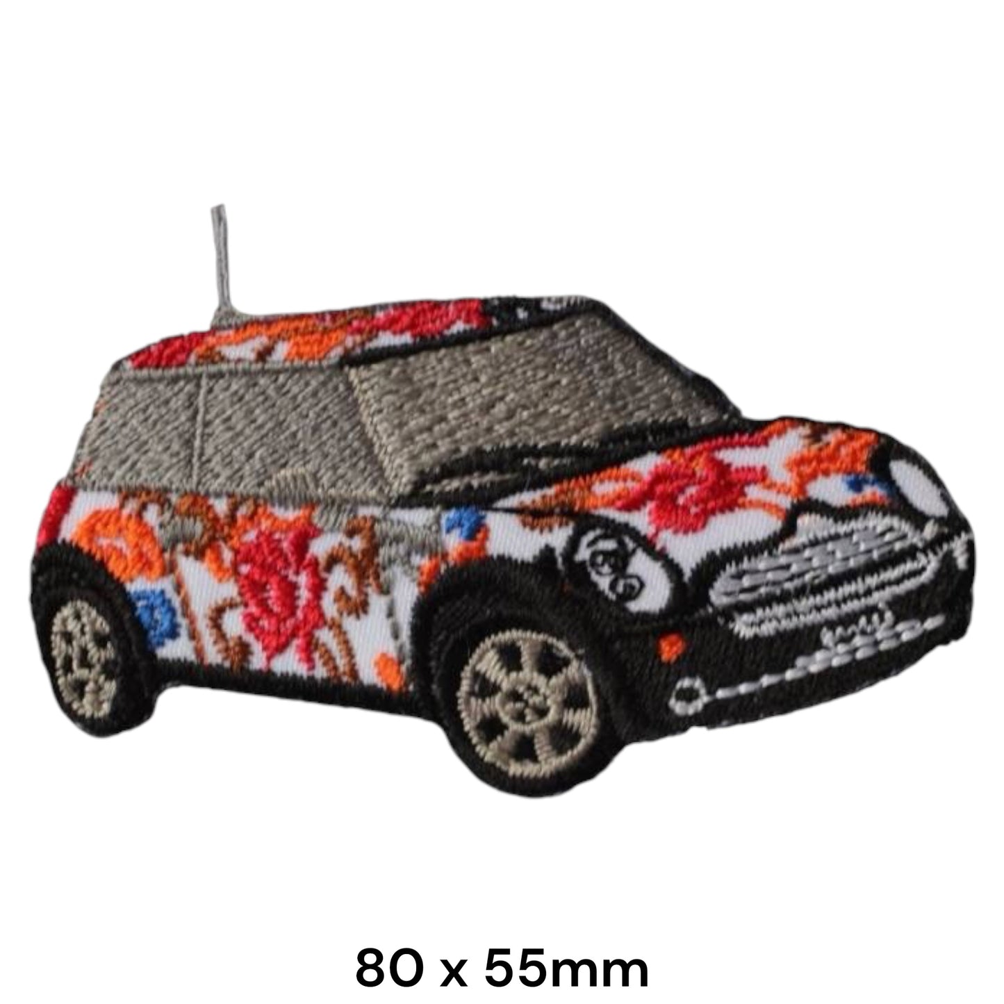 Mini Cooper Graffiti Art Embroidered Patch 80x55mm – 3D Mini silhouette with graffiti paint splashes in red, orange, brown & blue, silver roof and grey alloy wheels