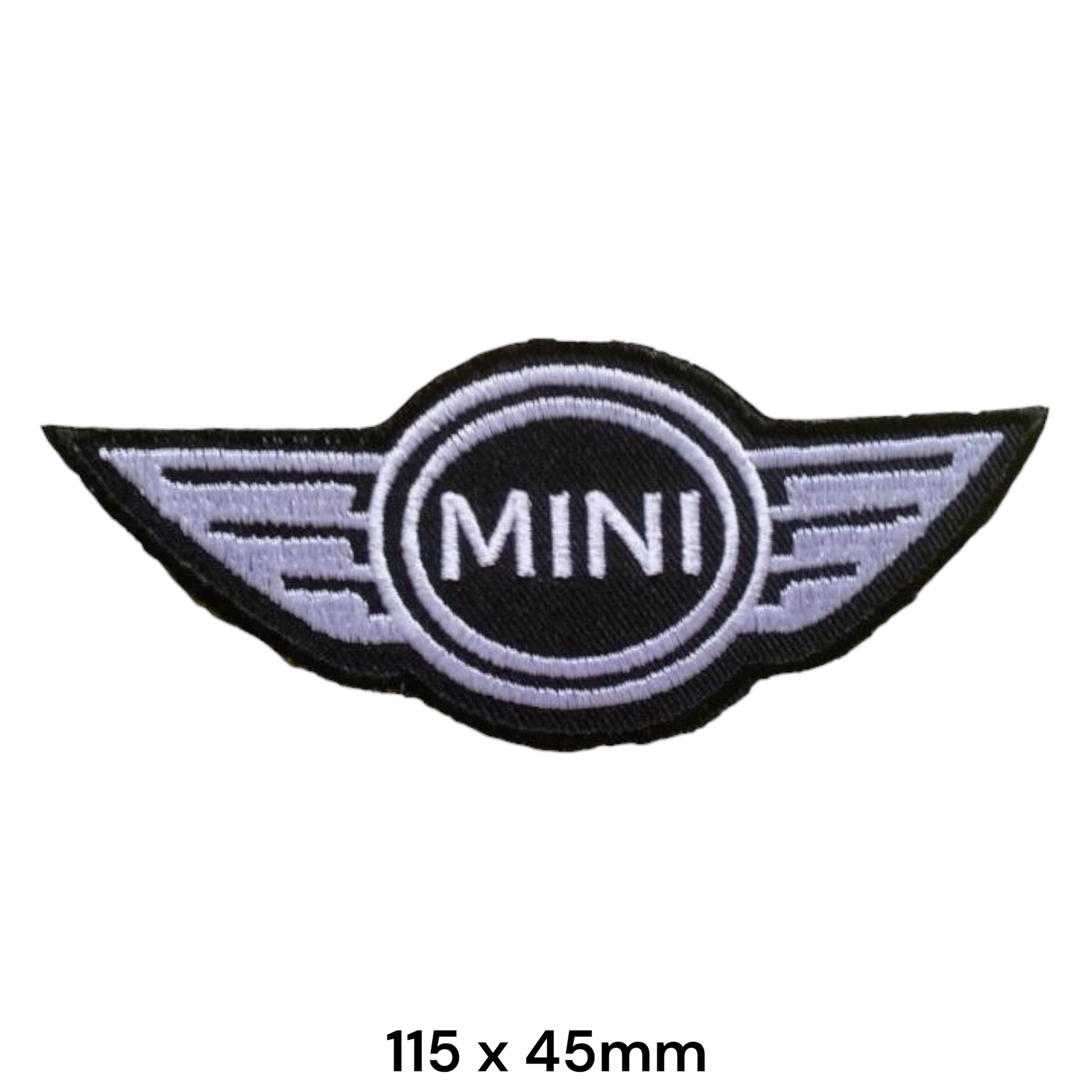 Mini Cooper Wings Logo Embroidered Patch 115x45mm – black wings badge with white MINI circle logo, silver wings detail and black outline