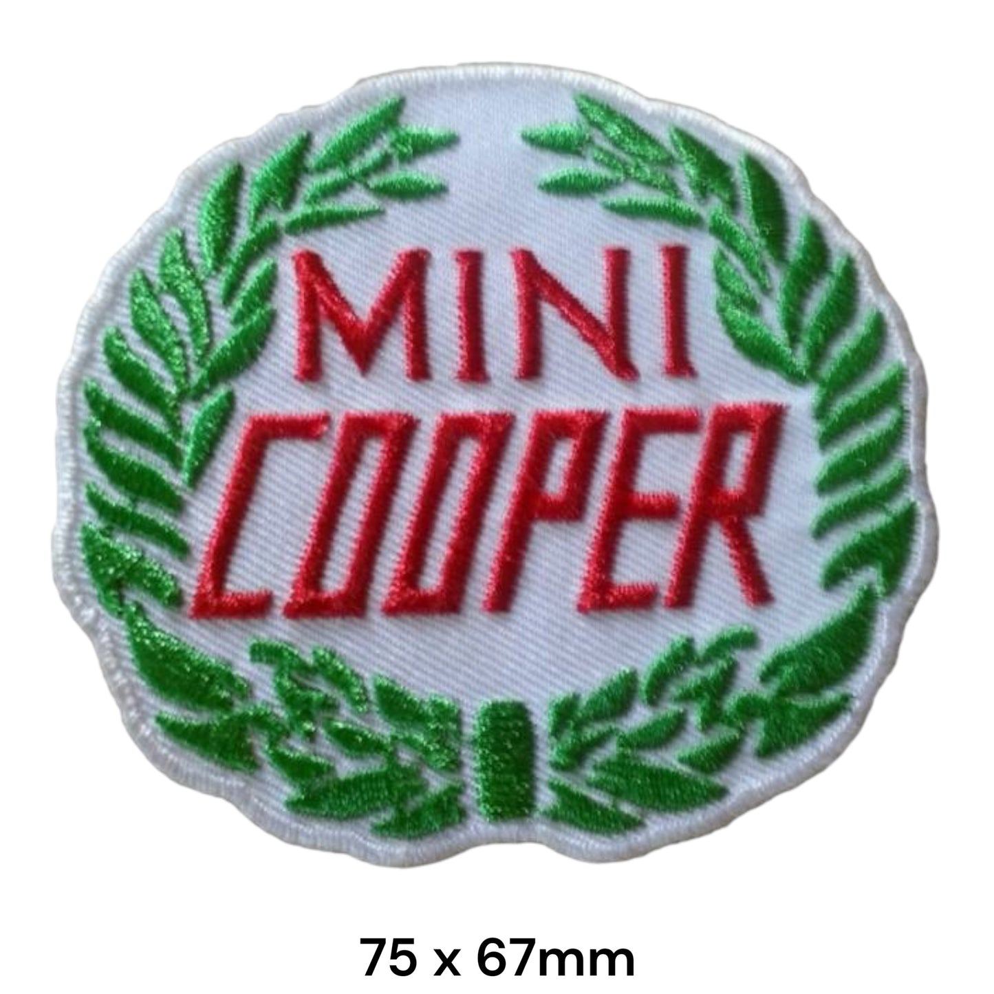 Mini Cooper Laurel Wreath Classic Embroidered Patch 75x67mm – round white badge with bold red Mini Cooper lettering framed by green laurel wreath