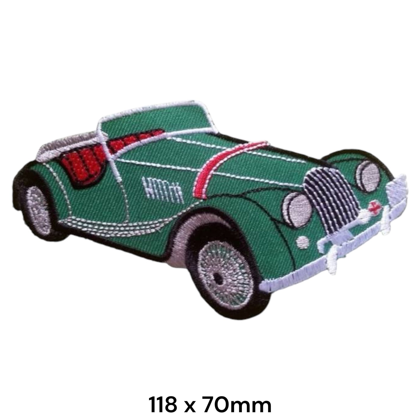 Morgan Motor Classic Roadster Embroidered Patch 118x70mm – 3D classic Morgan roadster in British Racing Green with white hood, red bonnet stripe and chrome wire wheels