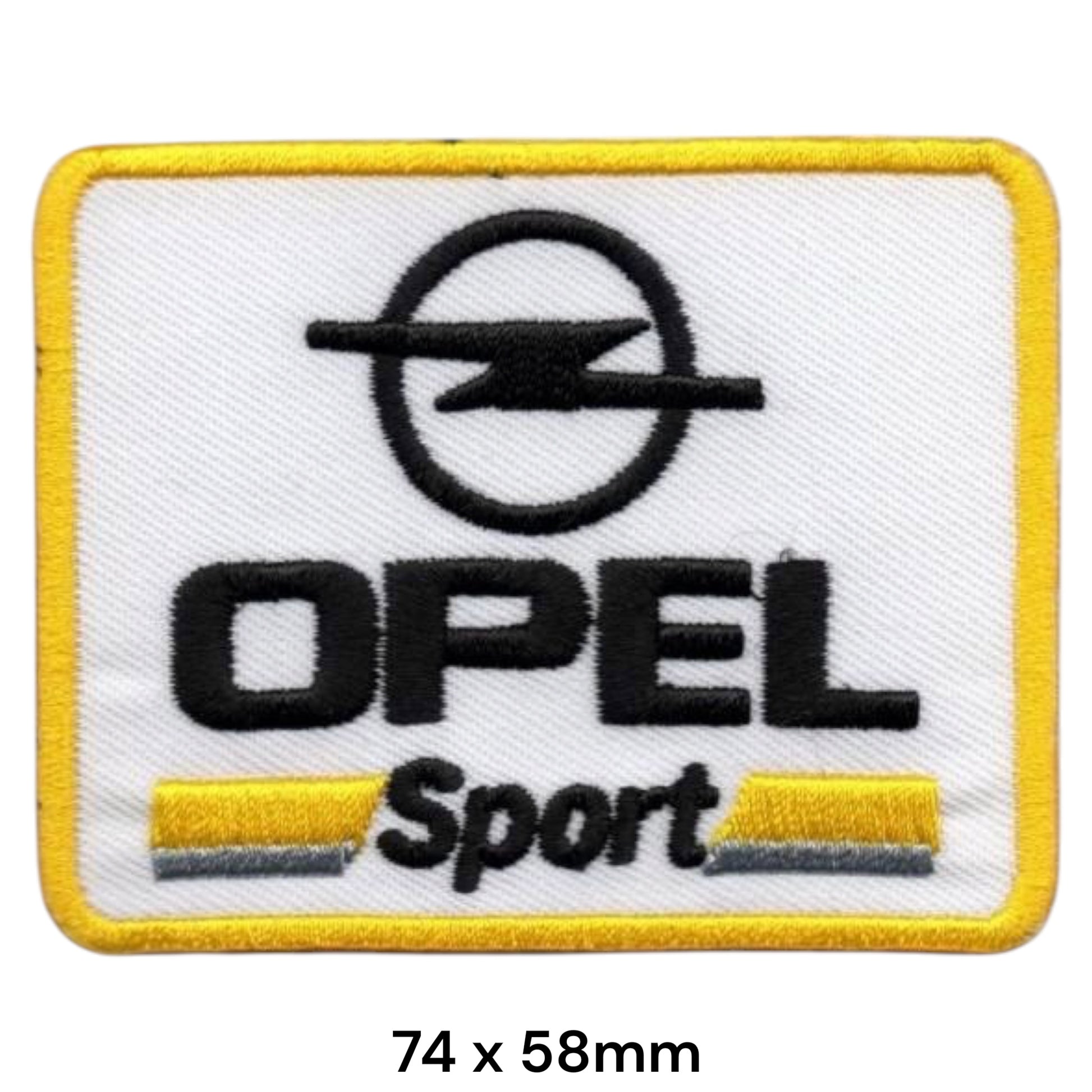 Opel Sport Logo Embroidered Patch 74x58mm – white rectangular badge with black Opel lightning bolt circle logo, black OPEL lettering and yellow Sport stripe banner with yellow border
