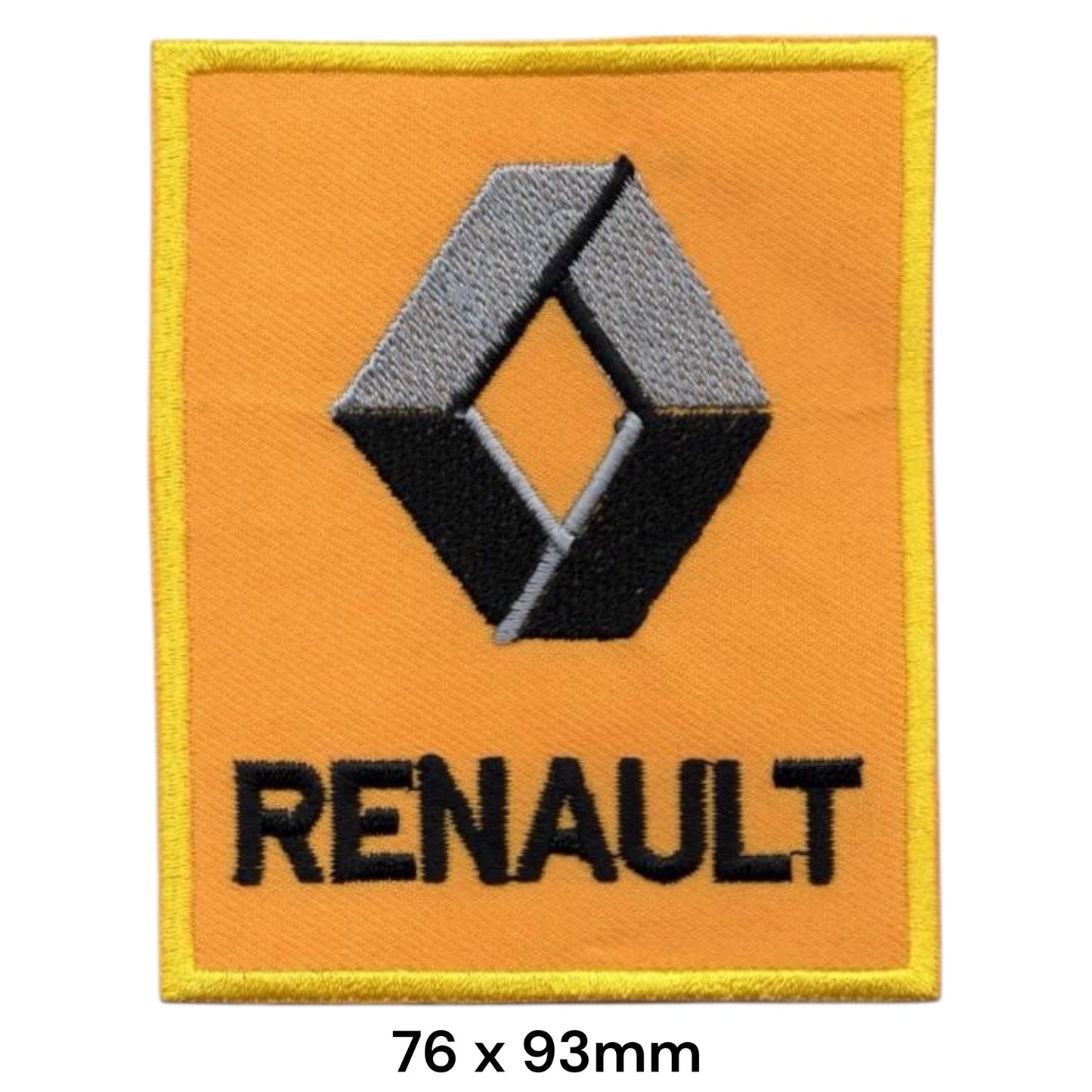 Renault Diamond Logo Embroidered Patch 76x93mm – yellow-orange rectangular badge with 3D silver & black Renault diamond logo and bold black RENAULT lettering