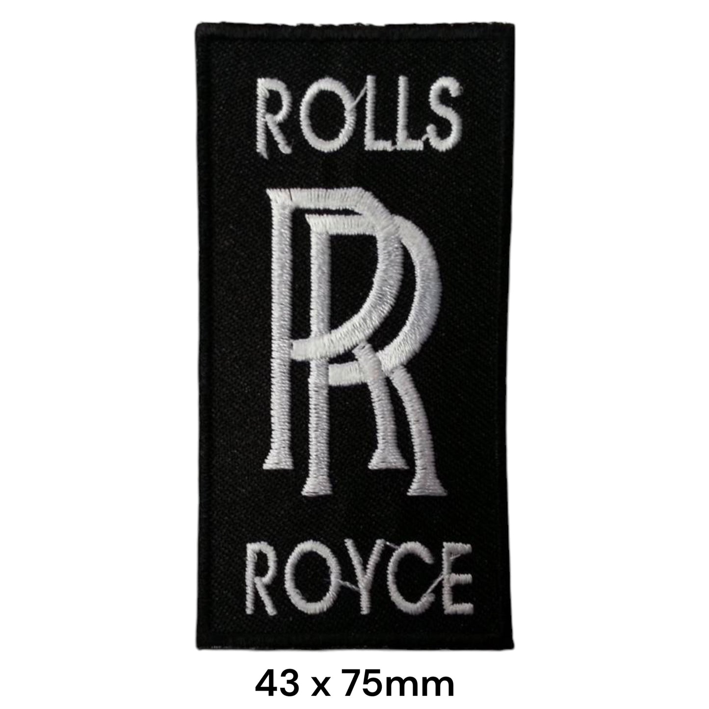 Rolls-Royce RR Monogram Embroidered Patch 43x75mm – black rectangular badge with white RR double monogram and white Rolls Royce serif lettering