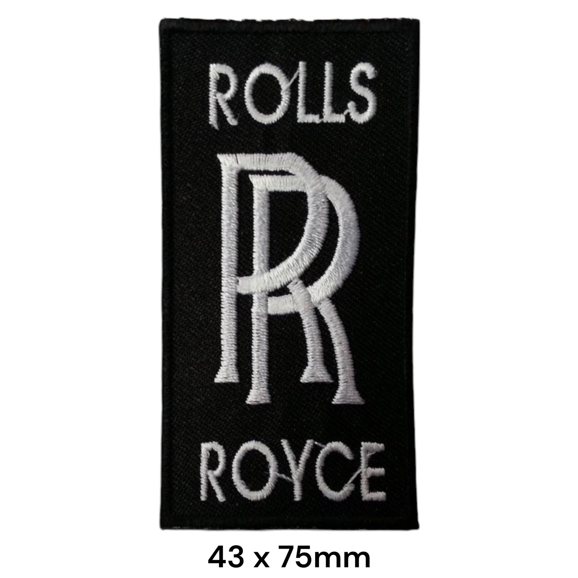 Rolls-Royce RR Monogram Embroidered Patch 43x75mm – black rectangular badge with white RR double monogram and white Rolls Royce serif lettering