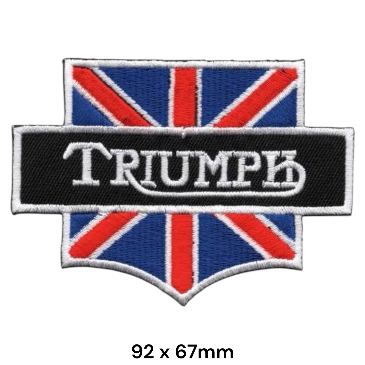 Triumph Union Jack Shield Embroidered Patch 92x67mm – shield badge with Union Jack flag, black centre banner with white Triumph serif lettering and white swoosh underline