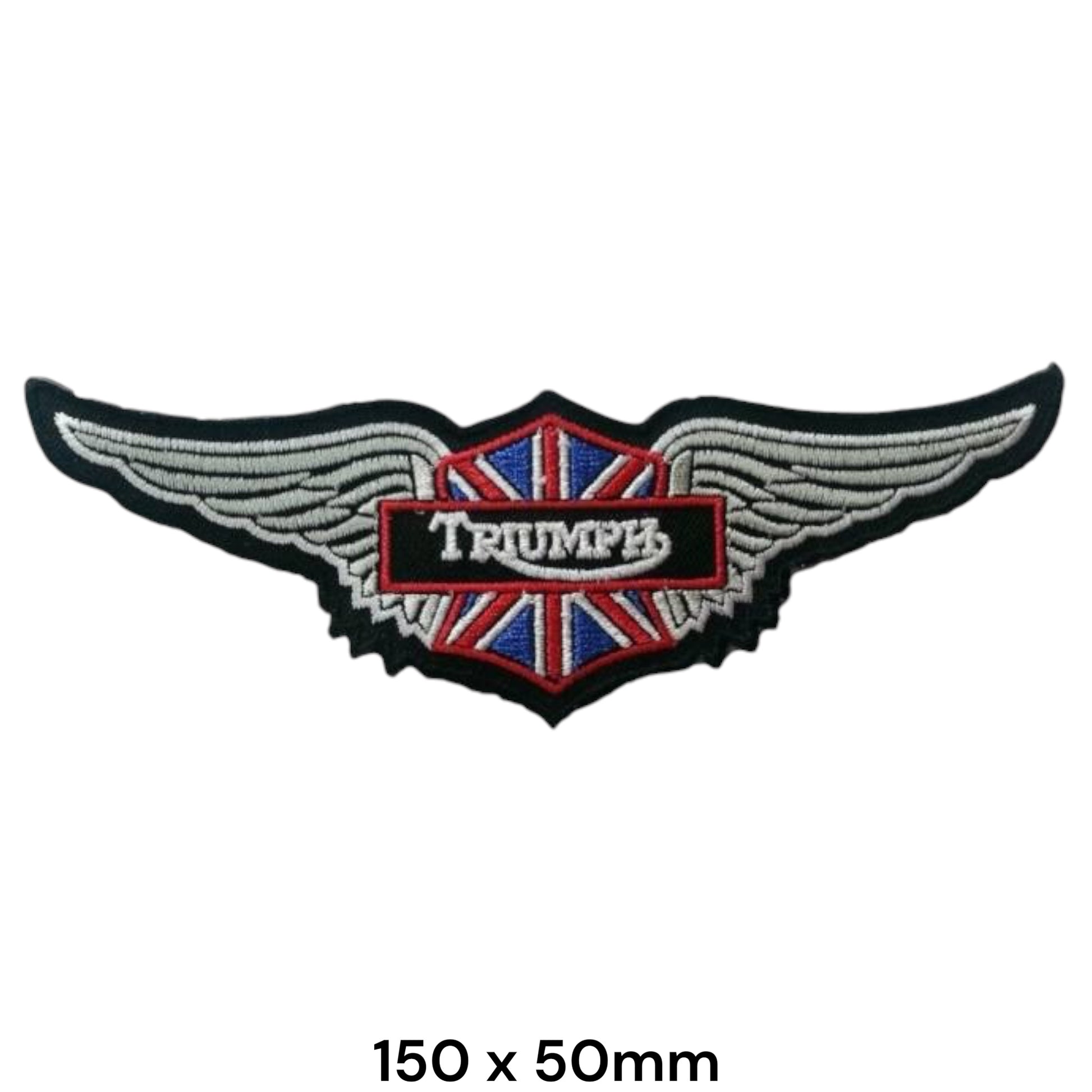 Triumph Union Jack Wings Embroidered Patch 150x50mm – silver feathered wings with central Union Jack hexagonal shield and black banner with white Triumph serif lettering