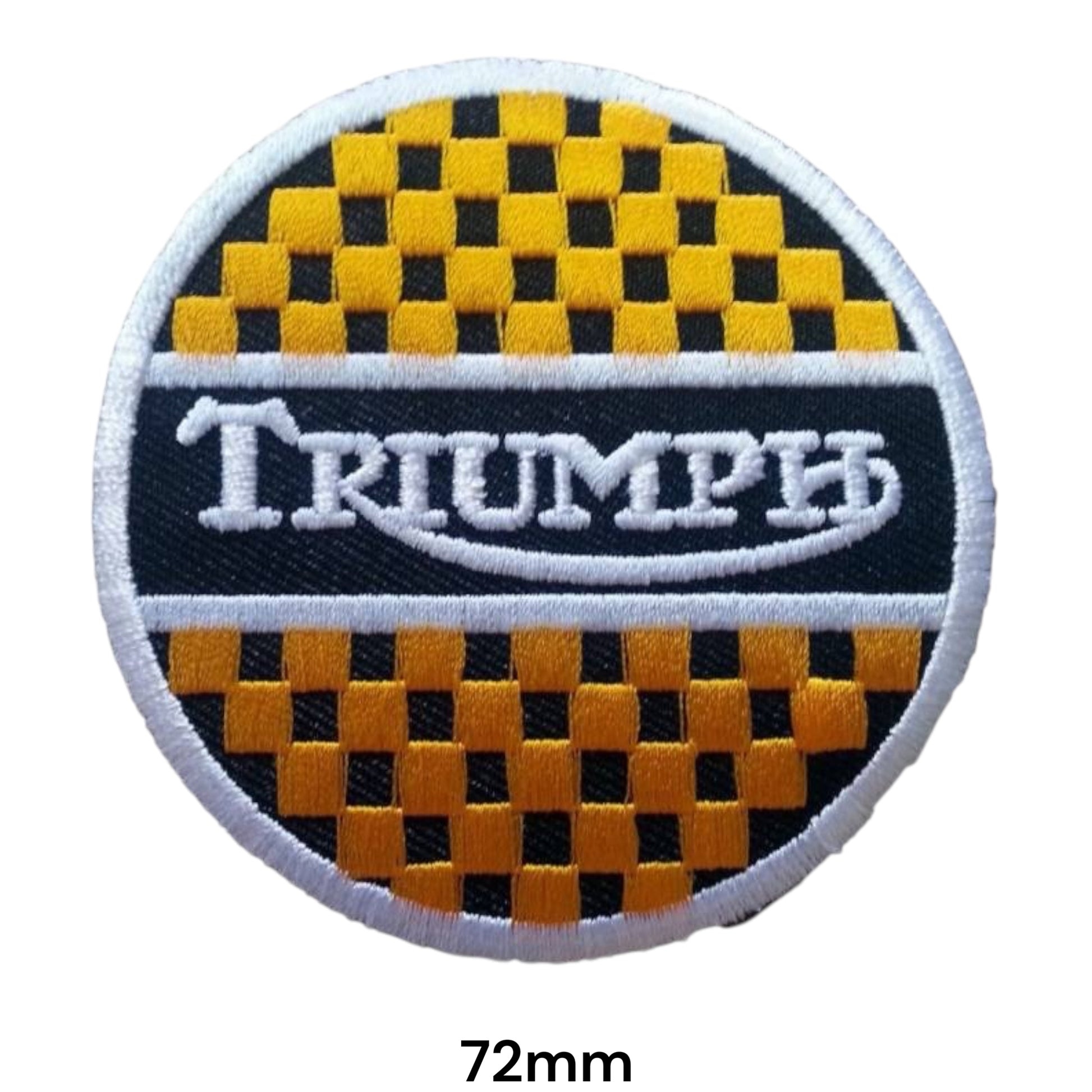 Triumph Checker Round Embroidered Patch 72mm – round badge with yellow & black checkerboard pattern, black centre band with white Triumph serif lettering and white swoosh underline