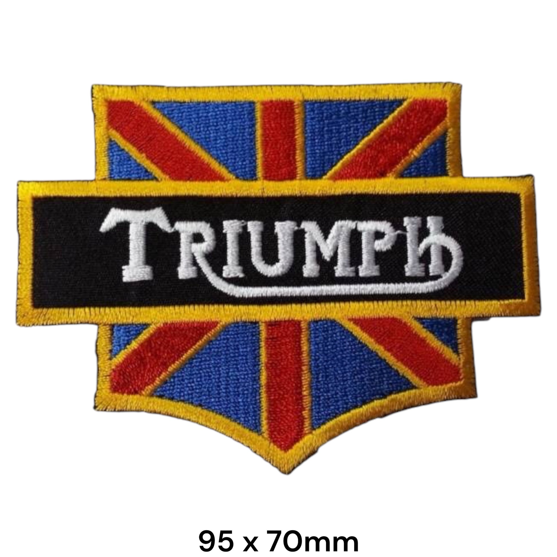 Triumph Union Jack Shield Yellow Border Embroidered Patch 95x70mm – shield badge with Union Jack flag, black centre banner with white Triumph serif lettering and yellow border