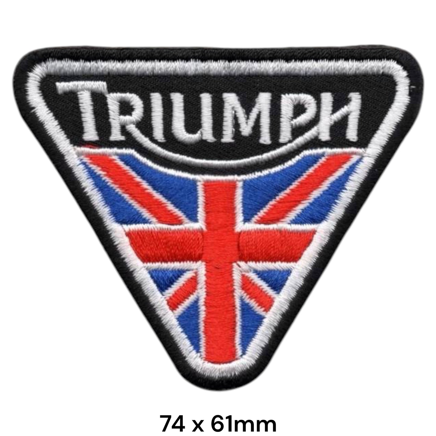 Triumph Union Jack Triangle Embroidered Patch 74x61mm – rounded downward triangle with black top band, white Triumph serif lettering, white swoosh underline and full Union Jack flag in lower section