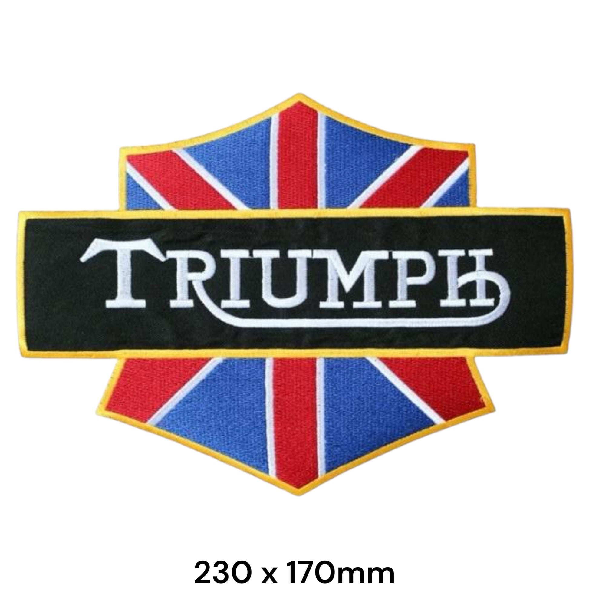 Triumph Union Jack Large Back Patch 230x170mm – hexagonal shield with Union Jack flag, black centre banner with white Triumph serif lettering and yellow border