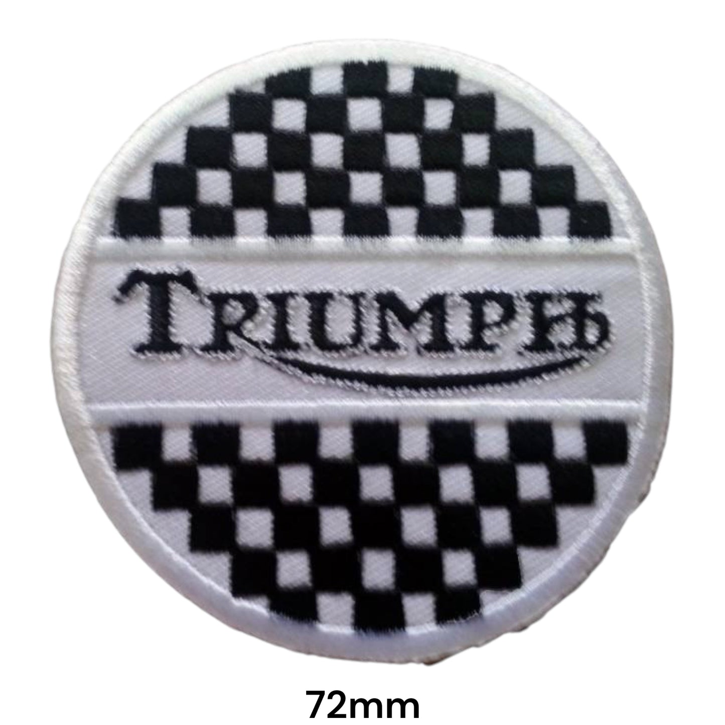 Triumph Black & White Checker Round Embroidered Patch 72mm – round white badge with black & white checkerboard pattern, white centre band with black Triumph serif lettering and black swoosh underline