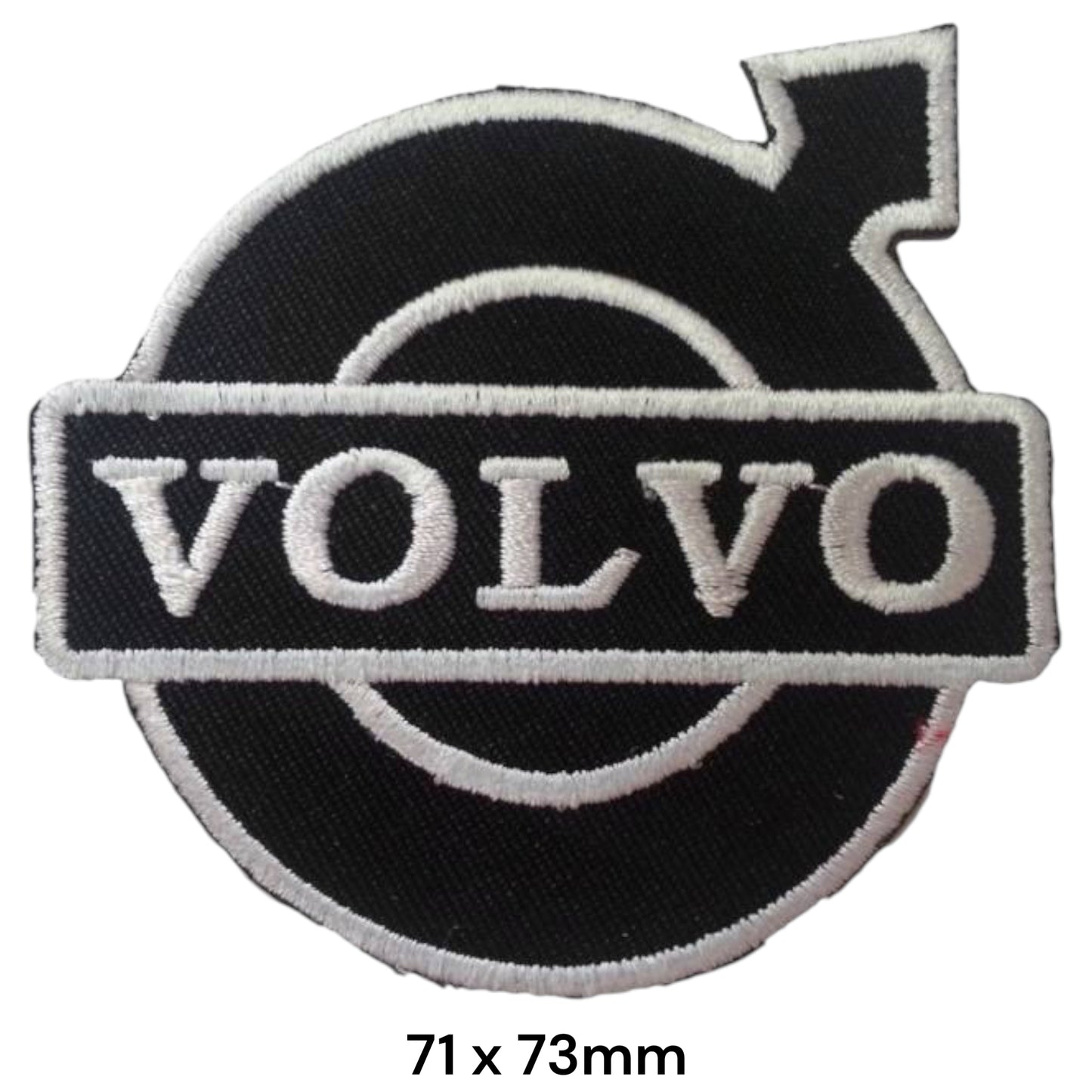 Volvo Iron Mark Black & White Embroidered Patch 71x73mm – black iron mark circle with top-right arrow and wide black banner with bold white Volvo block lettering, white outline