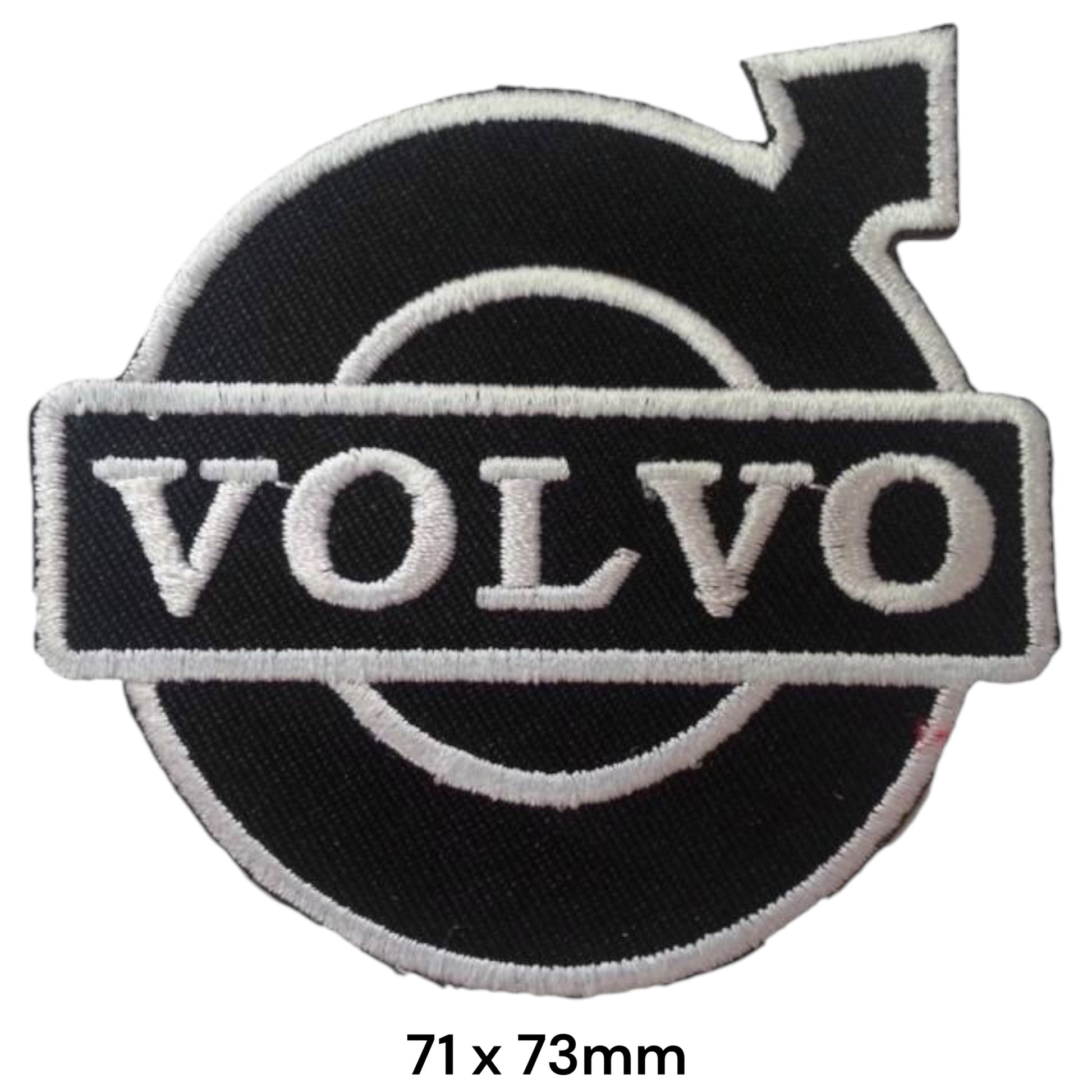 Volvo Iron Mark Black & White Embroidered Patch 71x73mm – black iron mark circle with top-right arrow and wide black banner with bold white Volvo block lettering, white outline