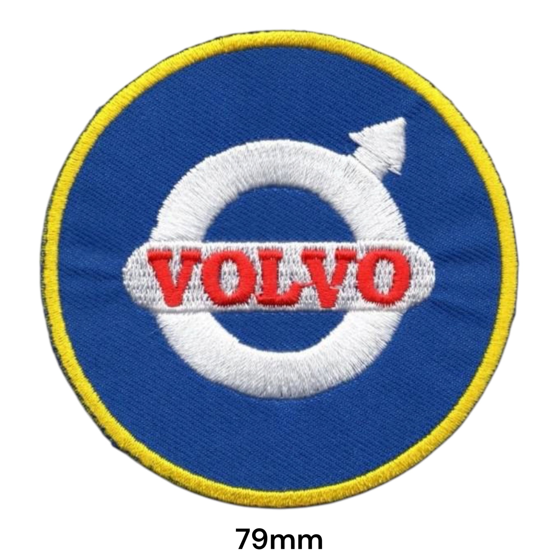 Volvo Swedish Flag Round Embroidered Patch 79mm – round royal blue badge with white iron mark circle & arrow symbol, white banner with bold red Volvo block lettering and yellow border