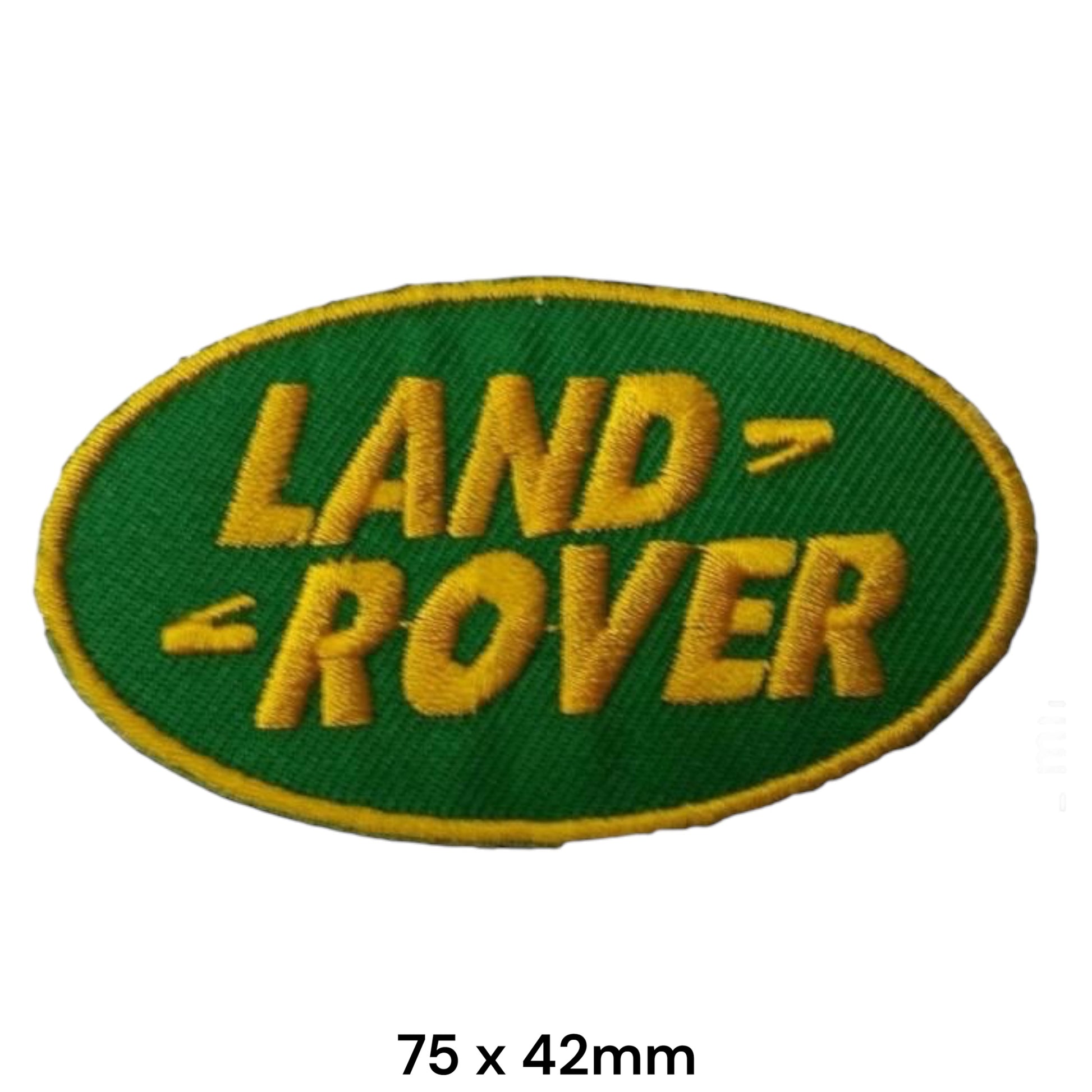 Land Rover Oval Logo Embroidered Patch 75x42mm – green oval badge with bold gold Land Rover block lettering and gold border