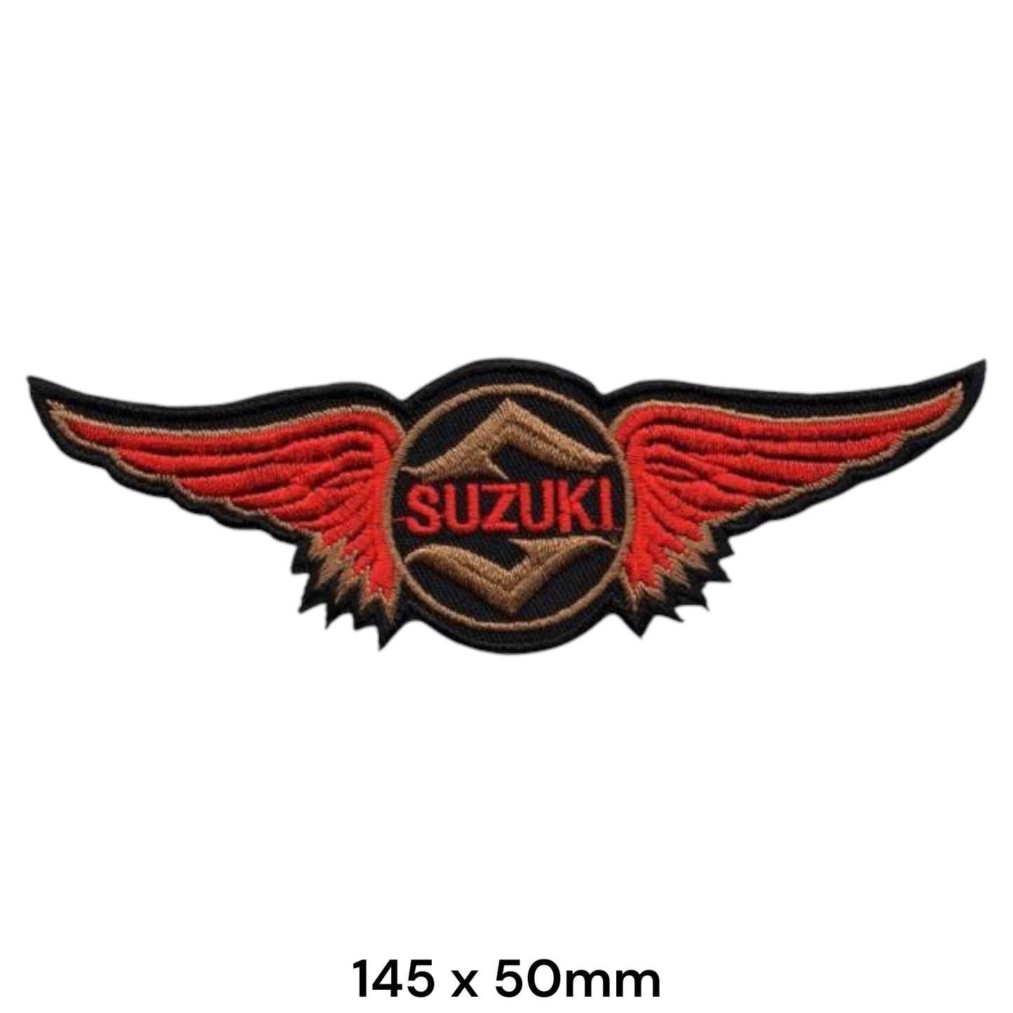 Suzuki Wings Logo Embroidered Patch 145x50mm – Black, Red & Gold