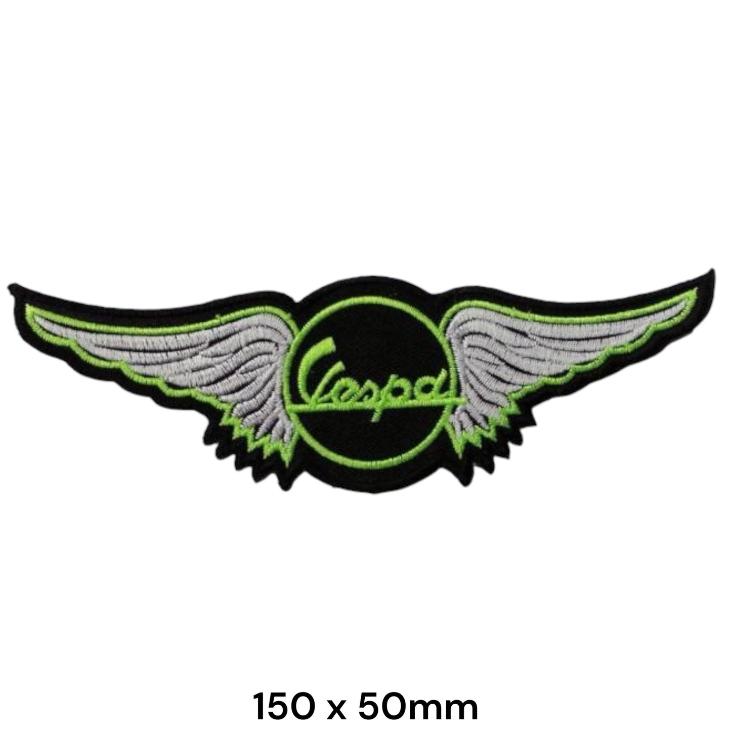 Vespa Wings Green Embroidered Patch 150x50mm – Black, Green & Silver
