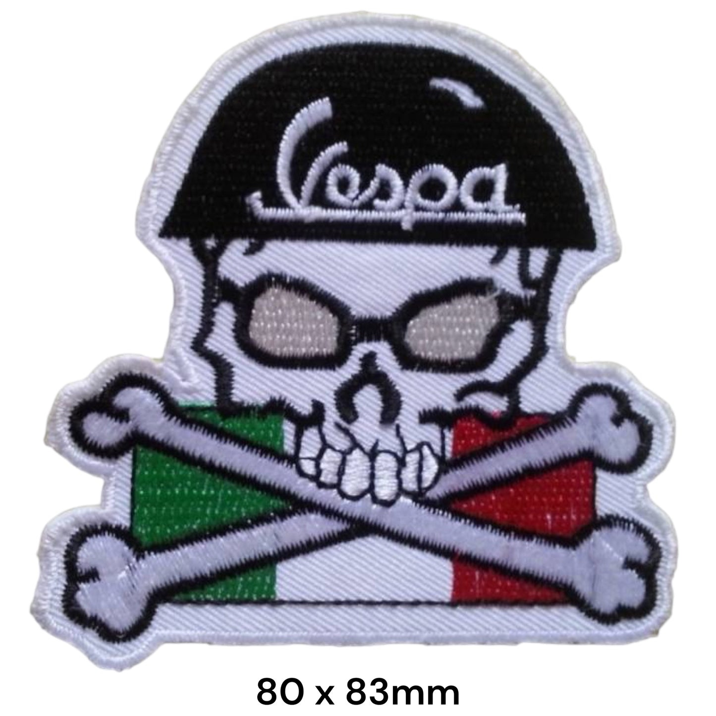Vespa Skull Italian Flag Embroidered Patch 80x83mm – White, Black, Green & Red