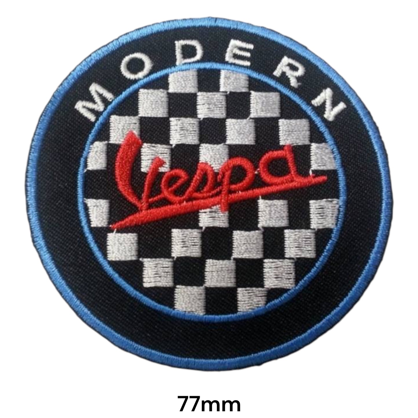 Modern Vespa Chequered Round Embroidered Patch 77mm – Black, Blue & Red