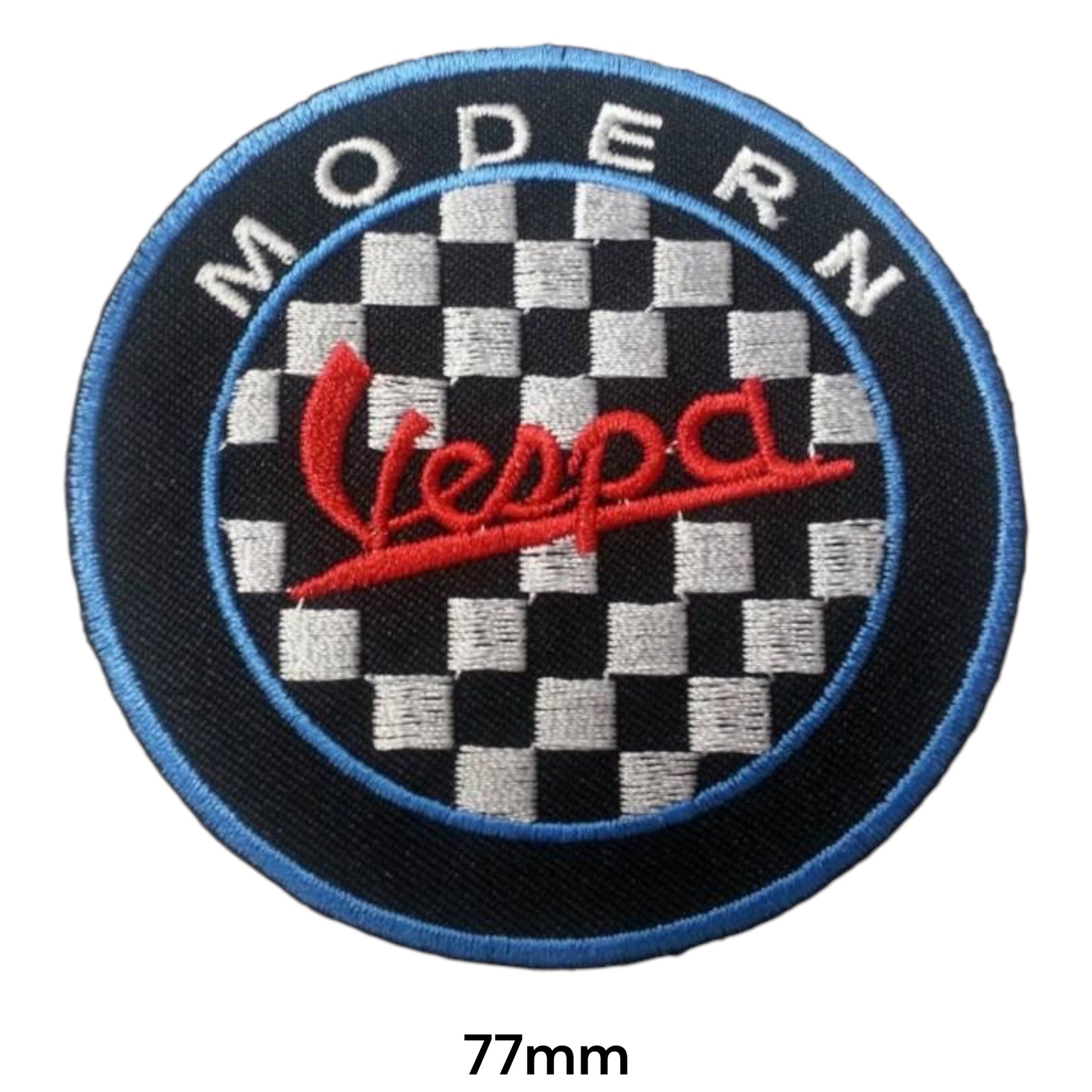 Modern Vespa Chequered Round Embroidered Patch 77mm – Black, Blue & Red