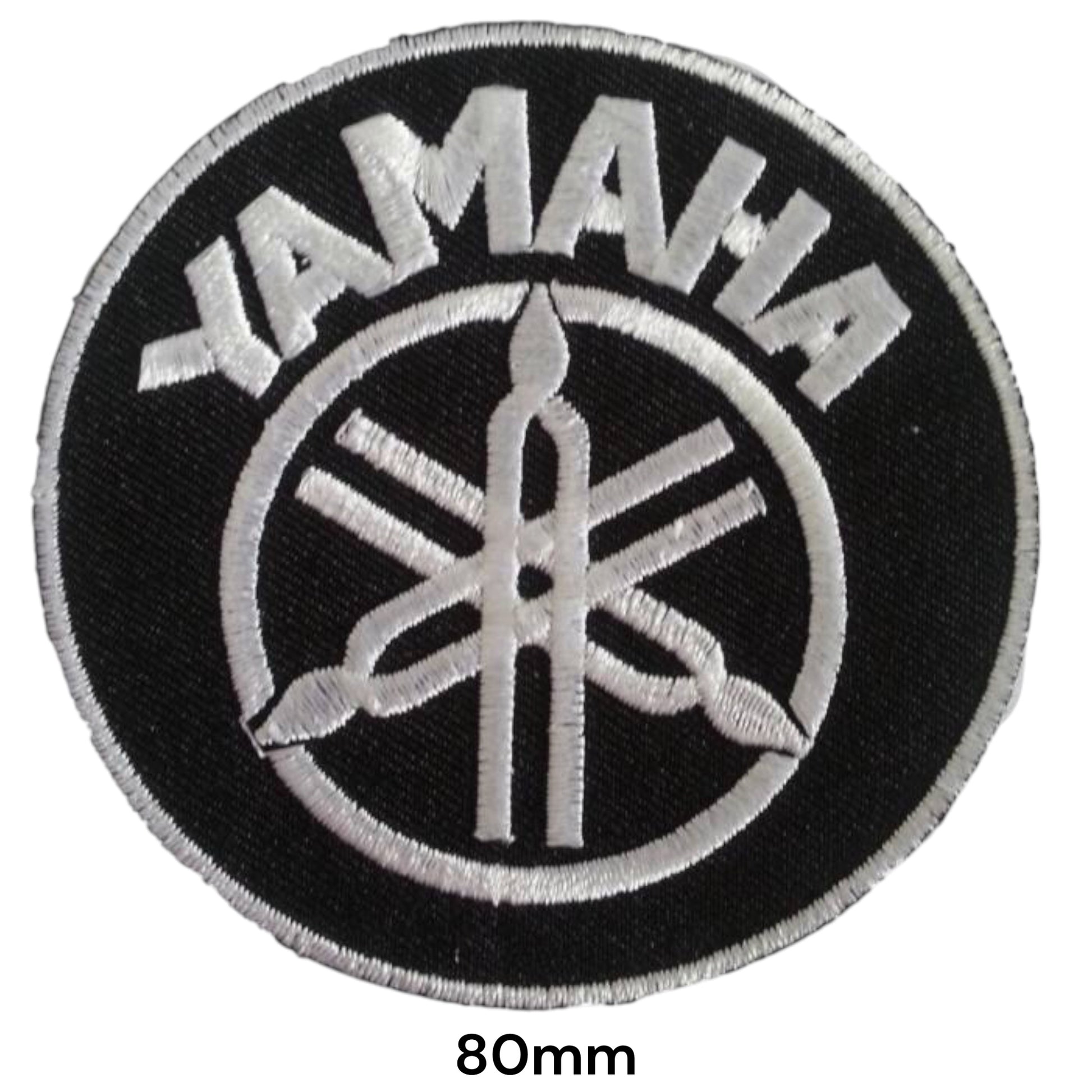 Yamaha Wordmark Round Embroidered Patch 80mm – Black & Silver-White