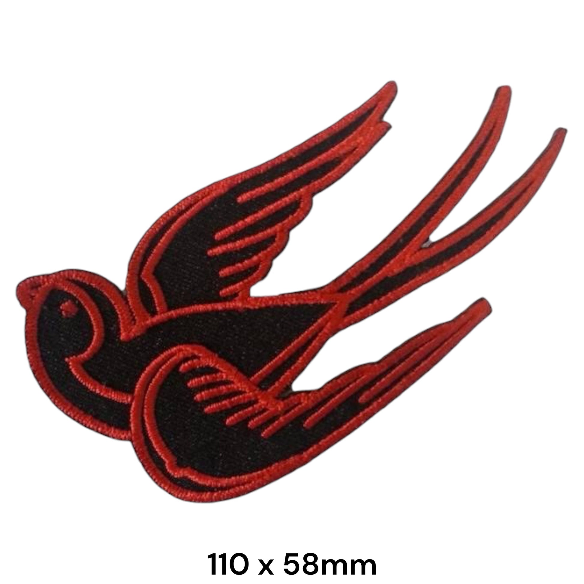 Rockabilly Swallow Mirror Embroidered Patch 110x58mm – Black & Red