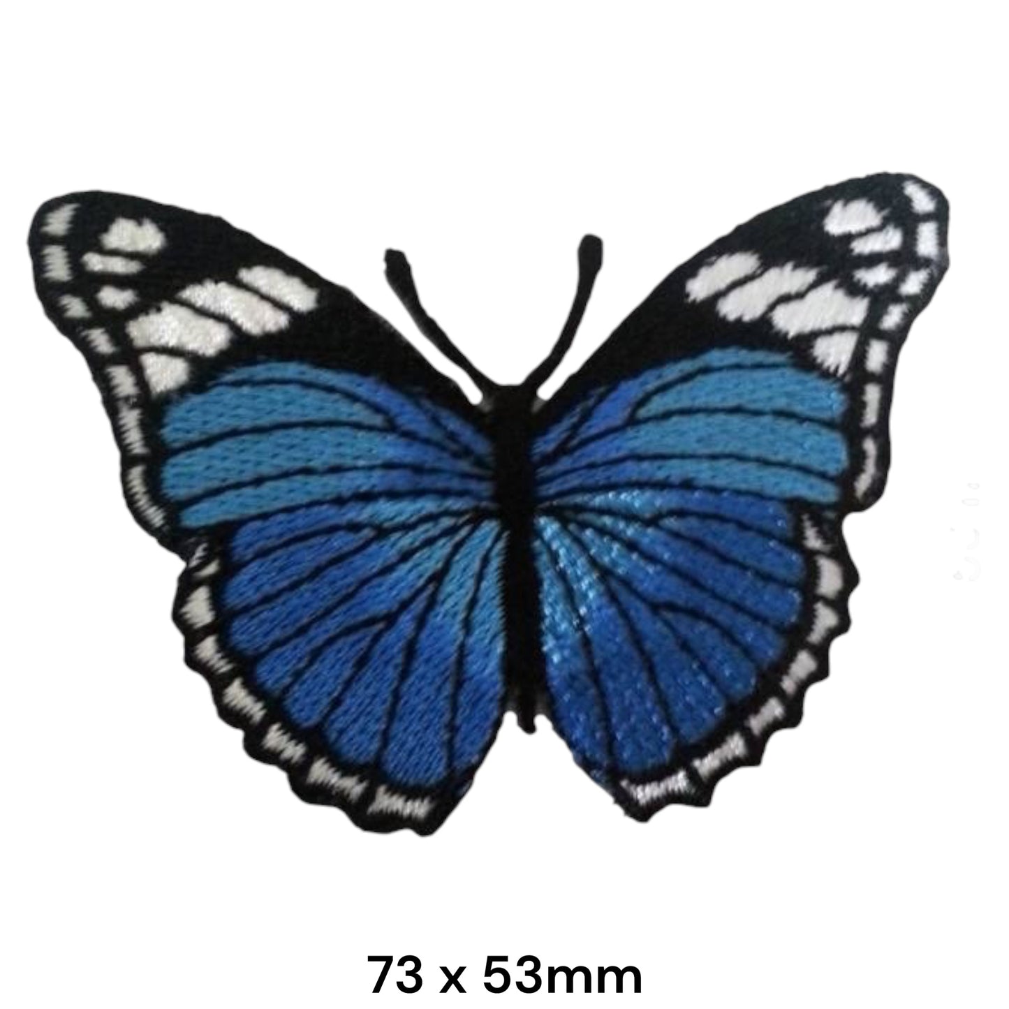 Blue Morpho Butterfly Embroidered Patch 73x53mm – Blue, Black & White