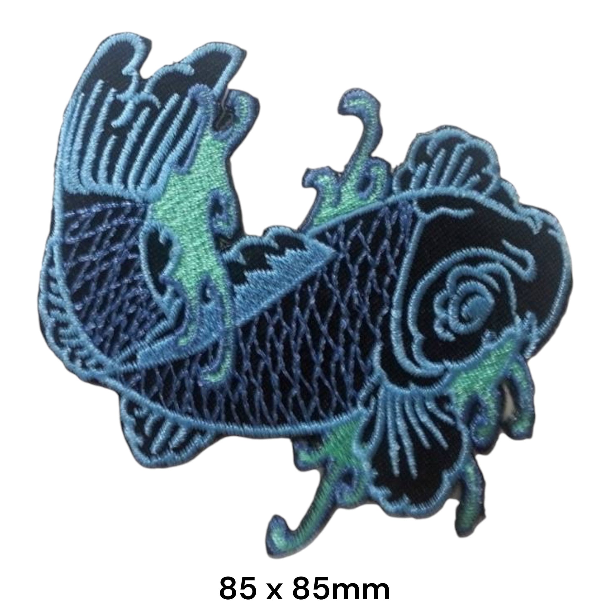 Koi Fish Blue Green Mirror Tattoo Embroidered Patch 85x85mm – Black, Blue & Green