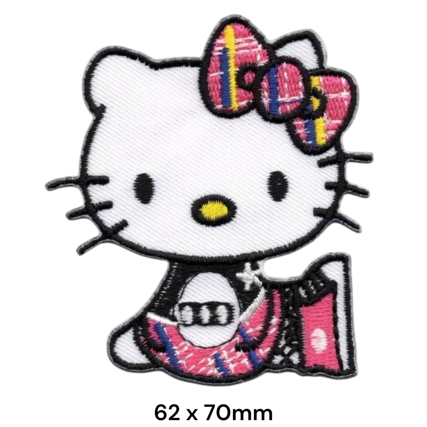 Hello Kitty Plaid Bow Kimono Embroidered Patch 62x70mm – White, Black, Pink & Yellow