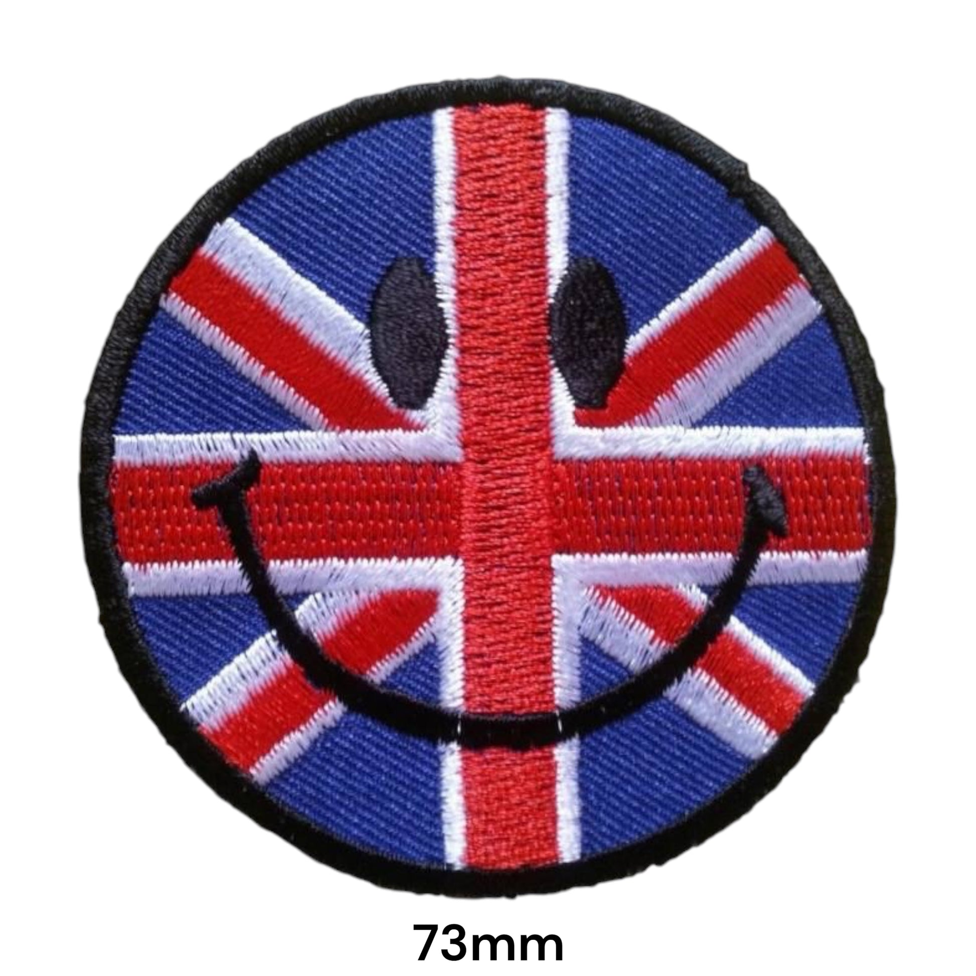Union Jack Smiley Face Embroidered Patch 73x73mm – Blue, Red, White & Black