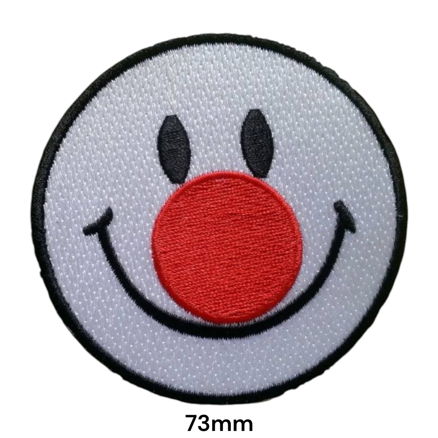 Clown Smiley Face Red Nose Embroidered Patch 73x73mm – White, Black & Red