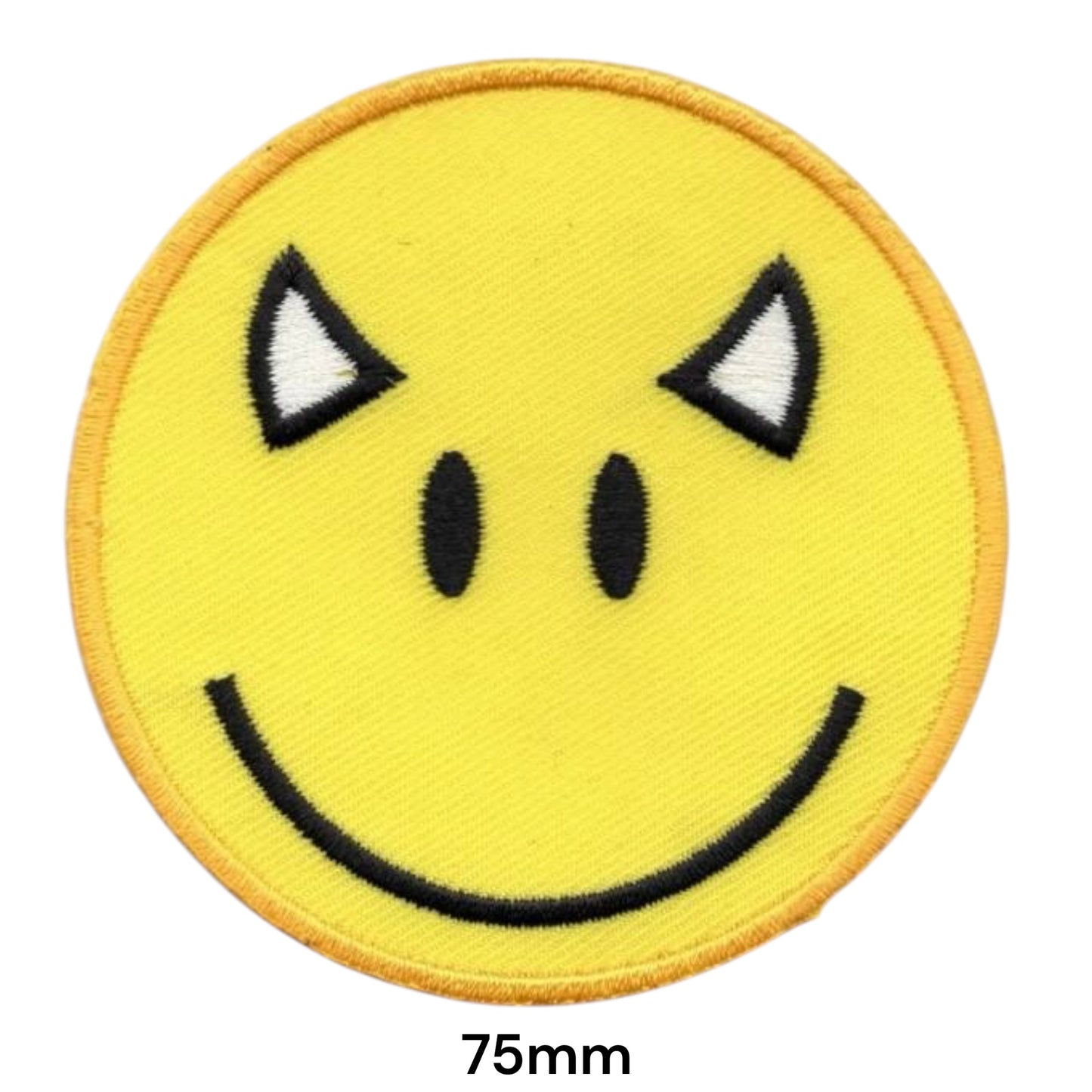 Evil Devil Smiley Face Embroidered Patch 75x75mm – Yellow, Black & White