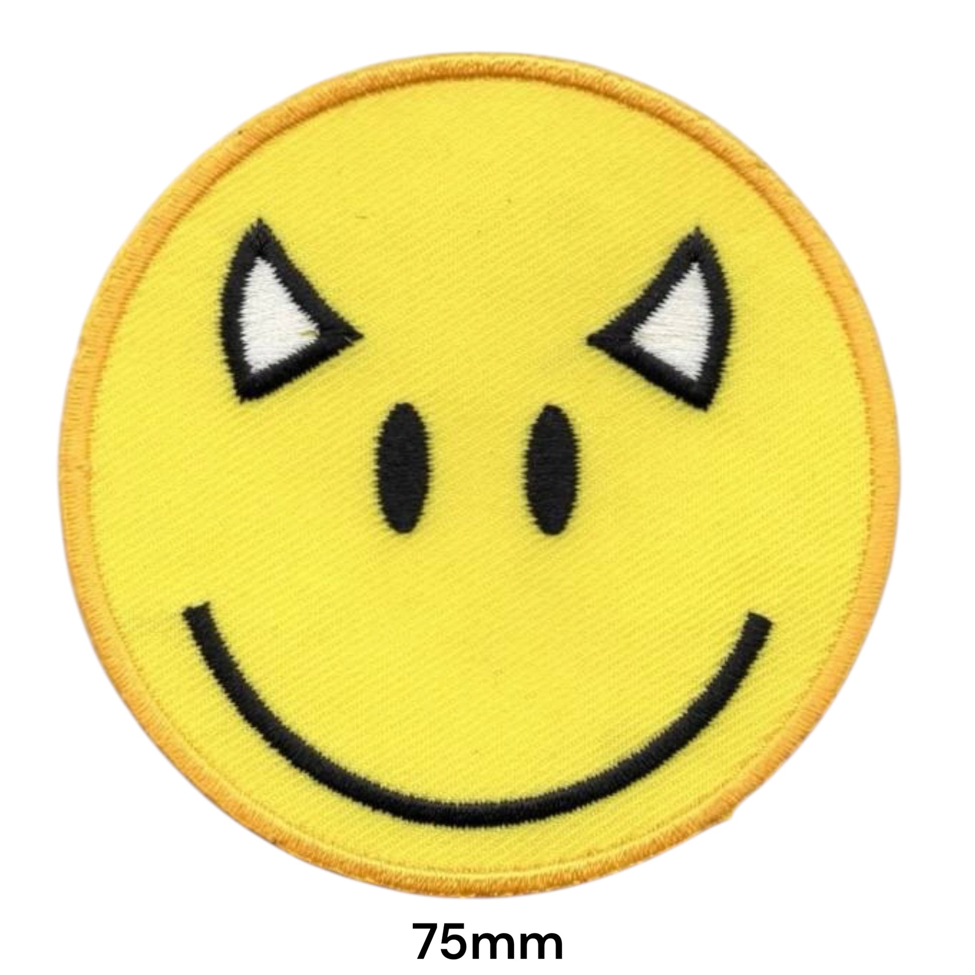 Evil Devil Smiley Face Embroidered Patch 75x75mm – Yellow, Black & White