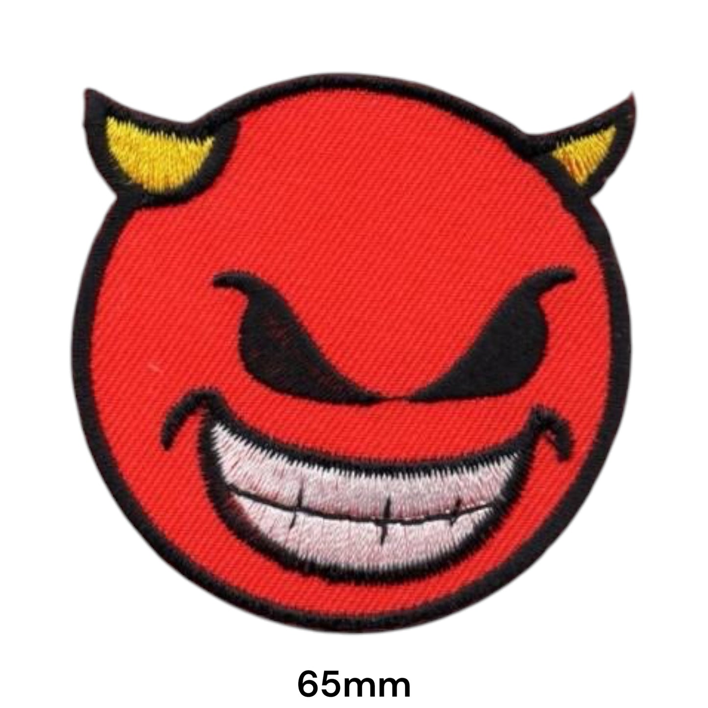 Red Devil Grin Smiley Face Embroidered Patch 65x65mm – Red, Black, Yellow & White