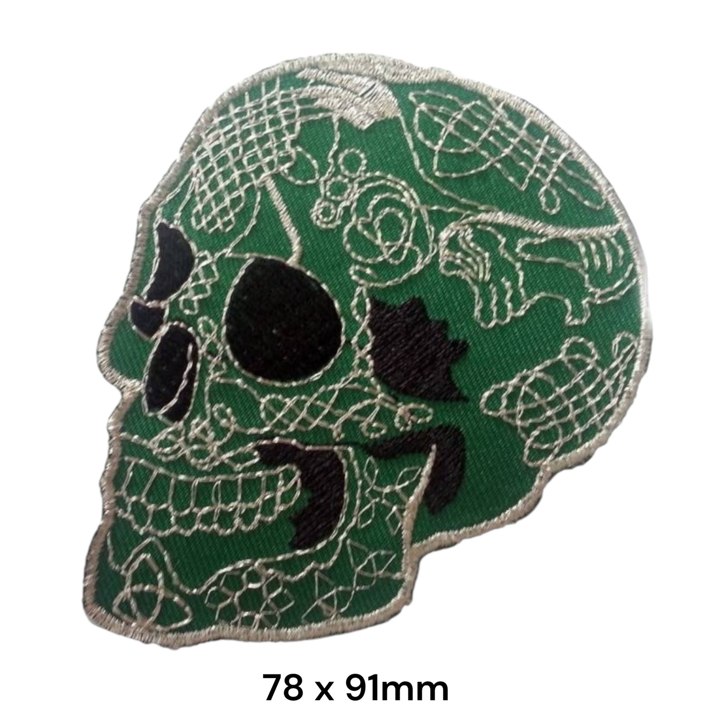 Celtic Sugar Skull Green Embroidered Patch 78x91mm – Green, Silver & Black