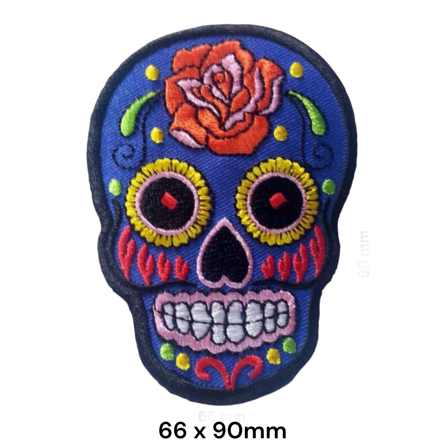 Sugar Skull Blue Rose Embroidered Patch 66x90mm – Blue, Orange, Red & Yellow