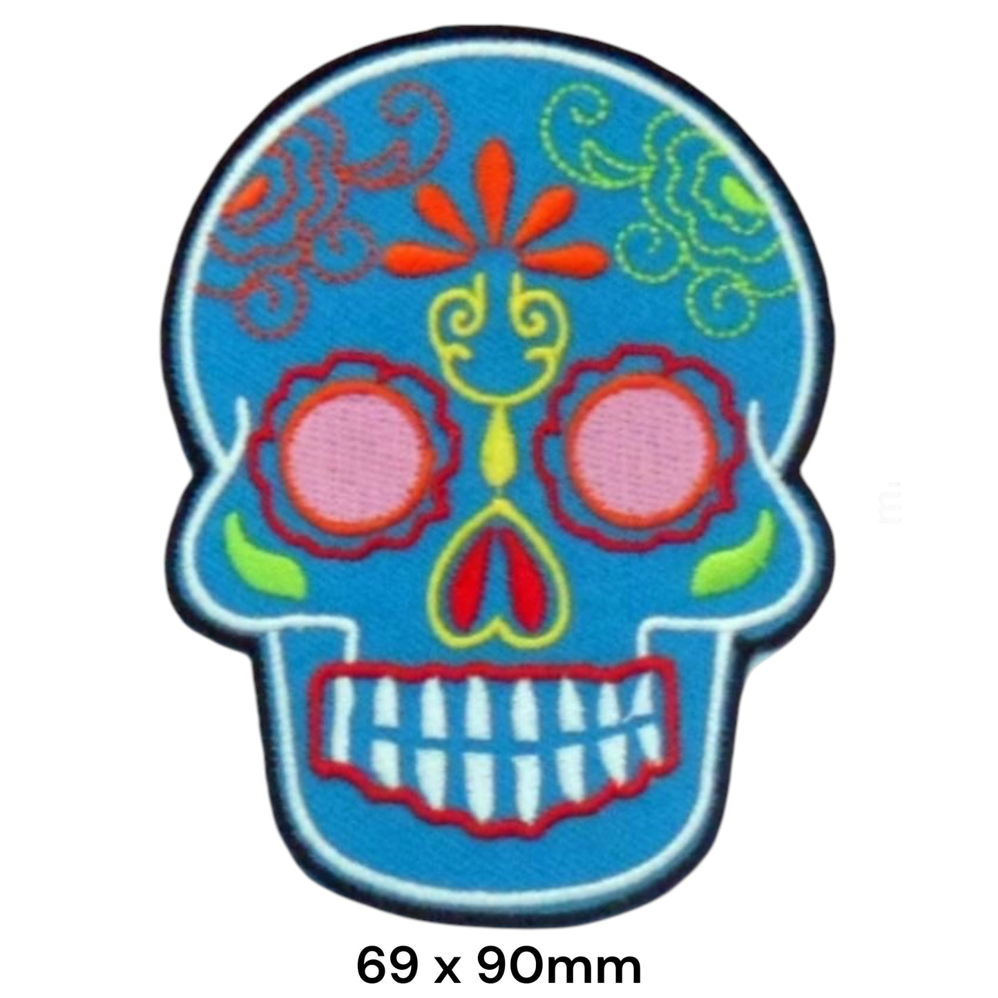 Sugar Skull Blue Flower Embroidered Patch 69x90mm – Blue, Orange, Red & Yellow