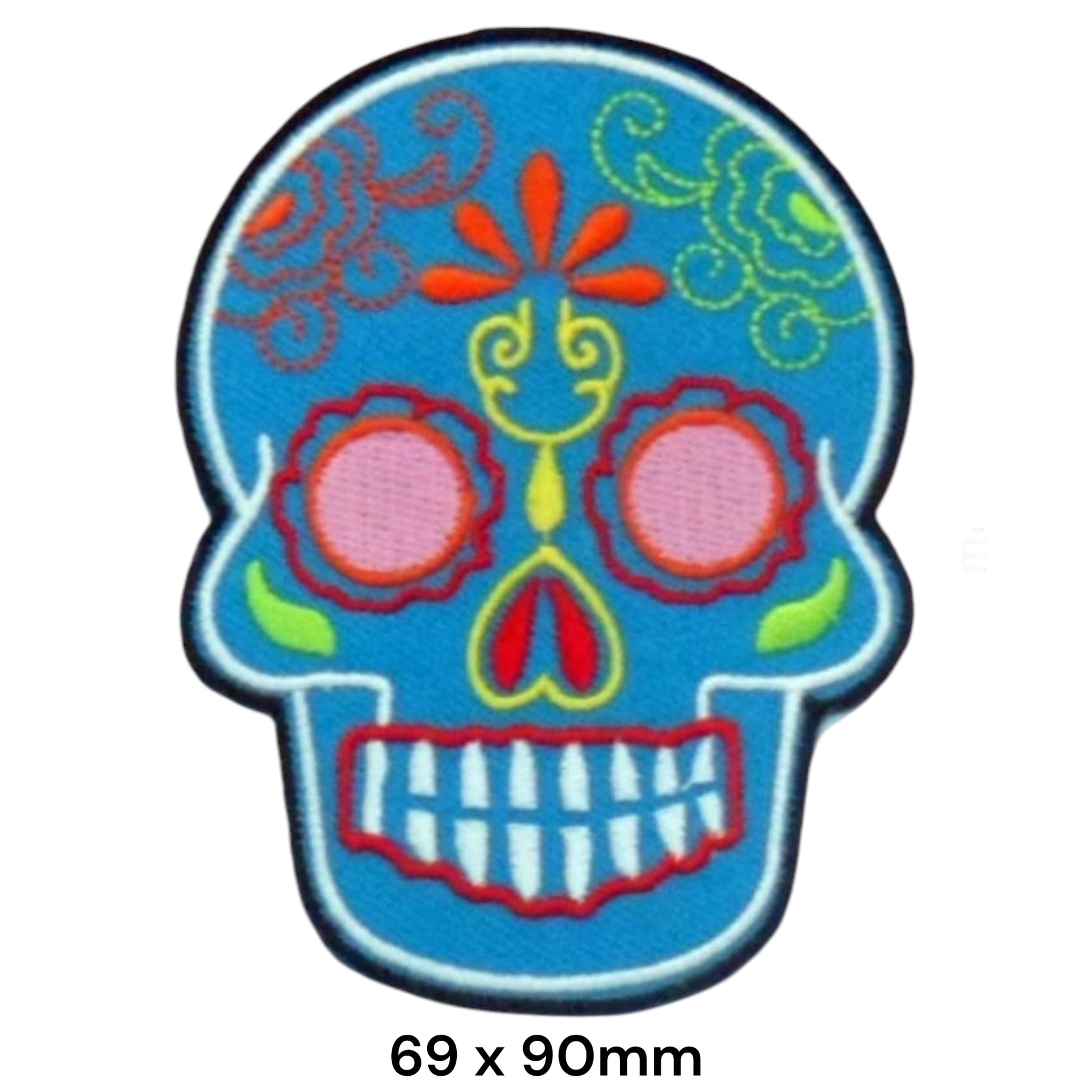 Sugar Skull Blue Flower Embroidered Patch 69x90mm – Blue, Orange, Red & Yellow