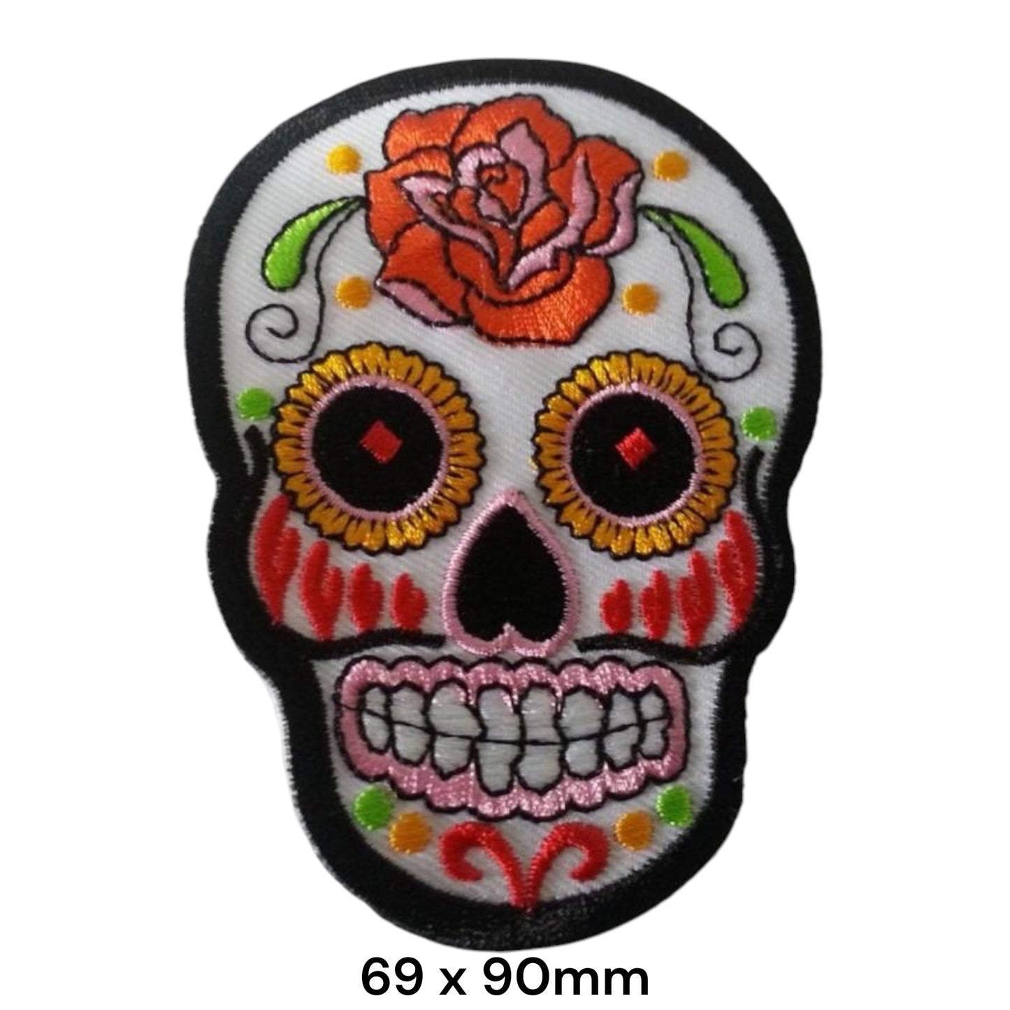 Sugar Skull White Rose Embroidered Patch 69x90mm – White, Black, Orange & Red