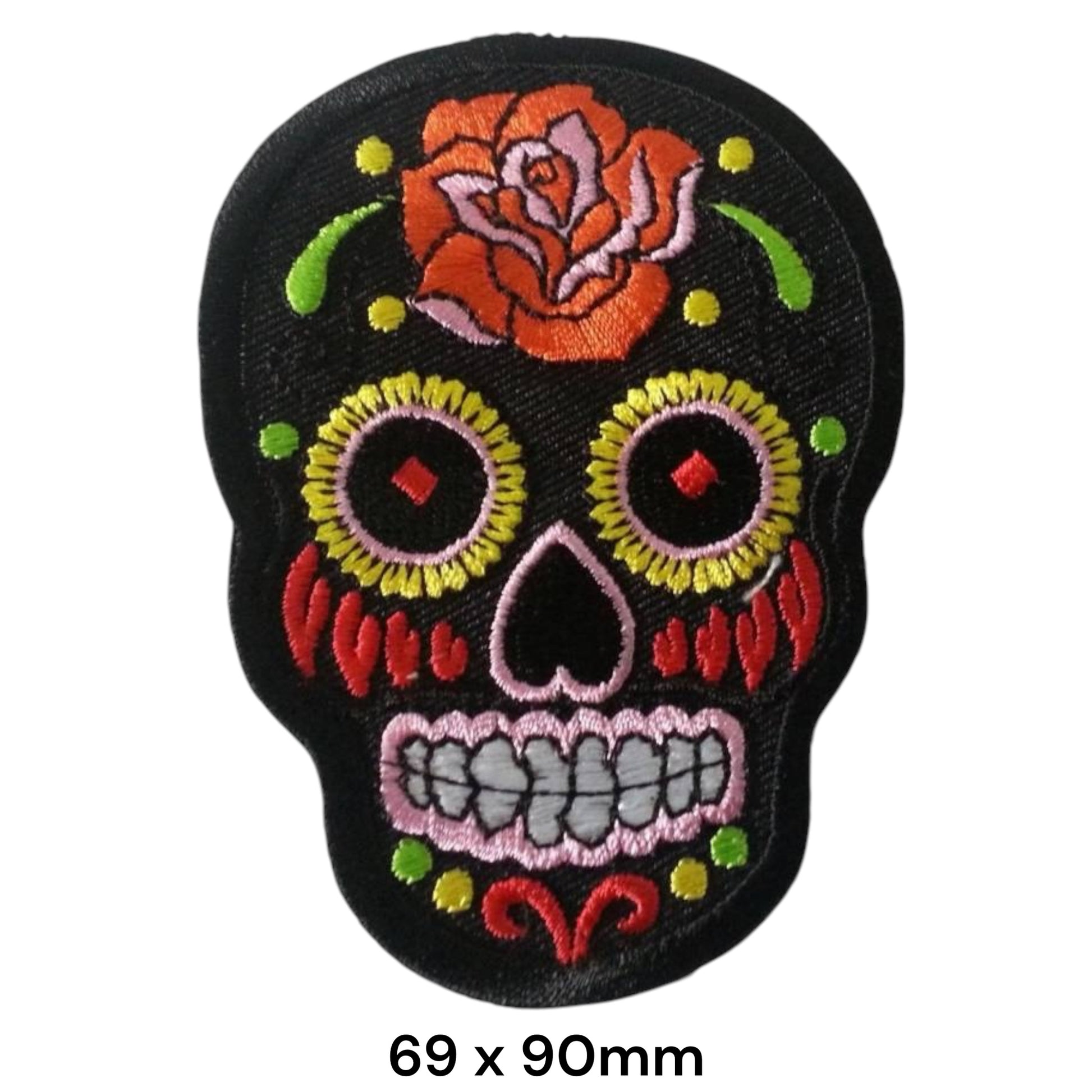 Sugar Skull Black Rose Embroidered Patch 69x90mm – Black, Orange, Red & Yellow