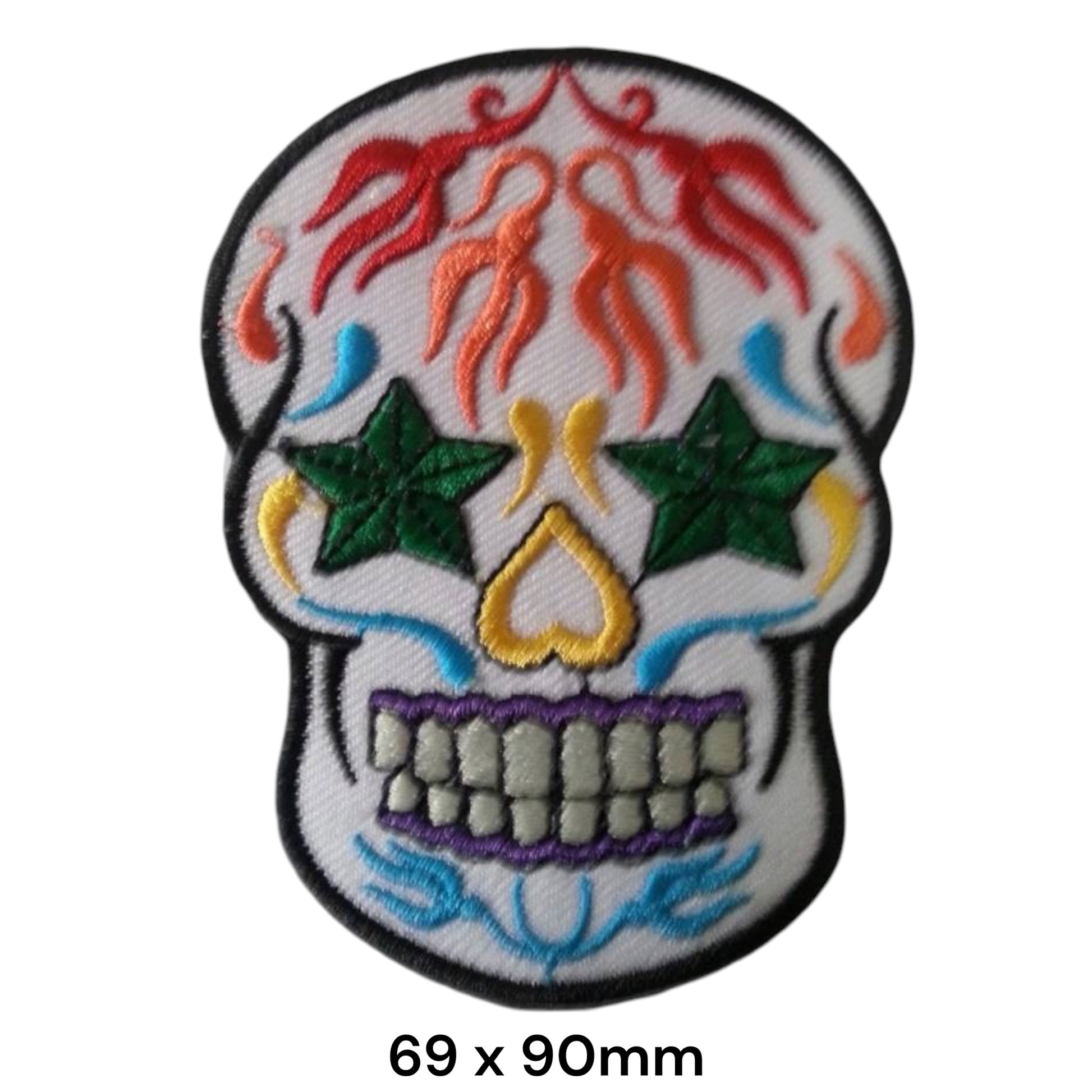 Sugar Skull White Flame Star Eyes Embroidered Patch 69x90mm – White, Red, Orange, Green & Yellow