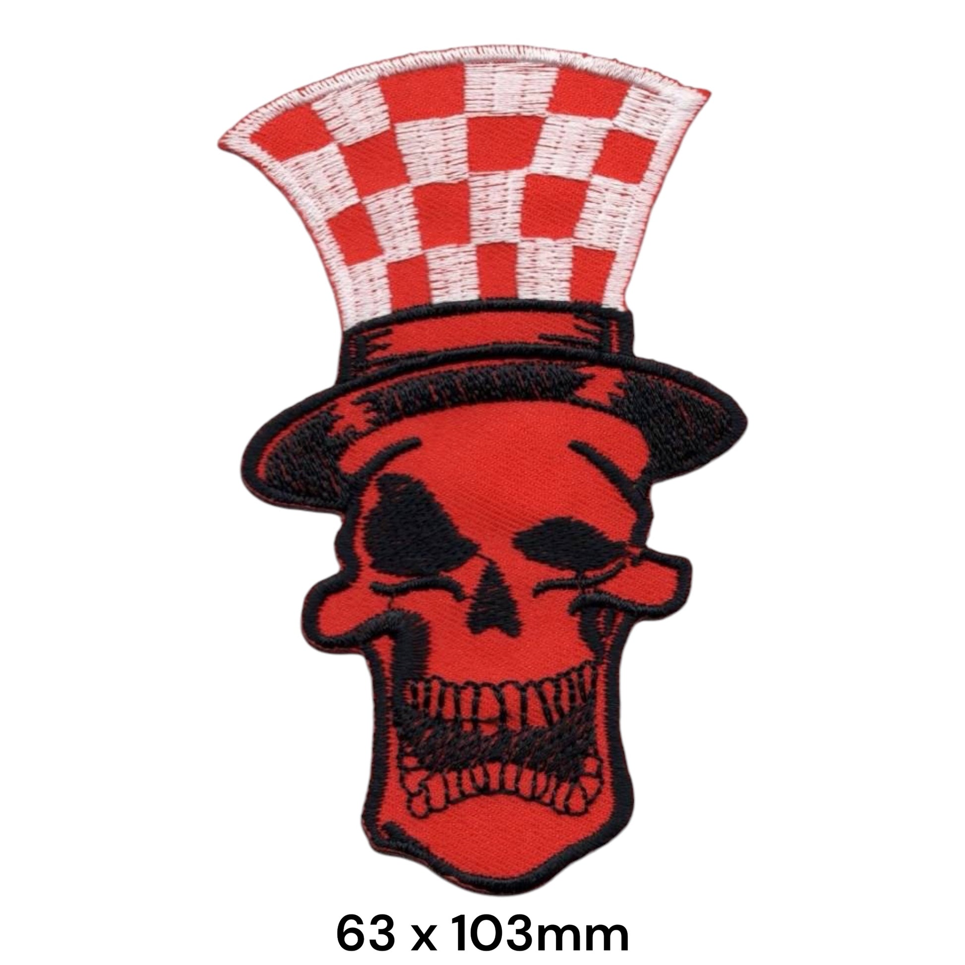 Red Skull Checkered Top Hat Embroidered Patch 63x103mm – Red, White & Black