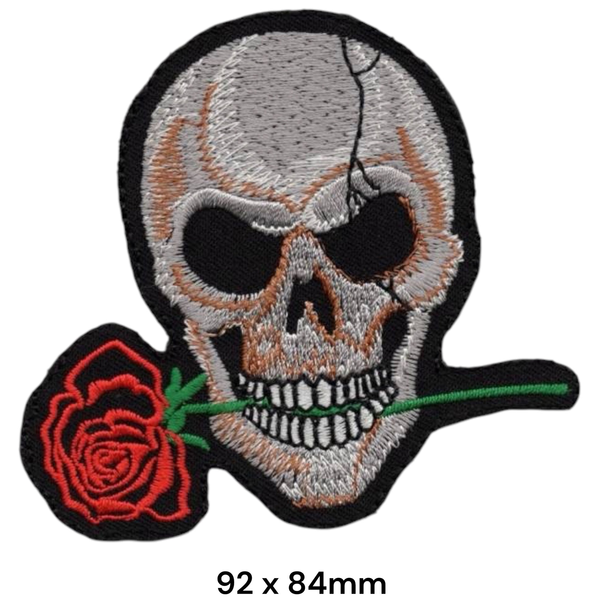 Skull Rose in Mouth Embroidered Patch 92x84mm – White, Grey, Black, Red & Green