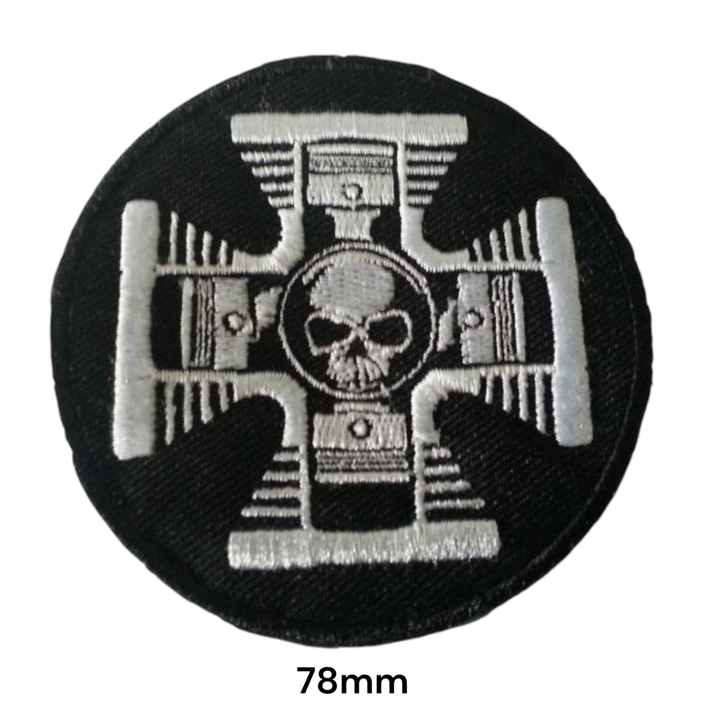 Four Pistons Skull Cross Embroidered Patch 78x78mm – Black, Silver & White