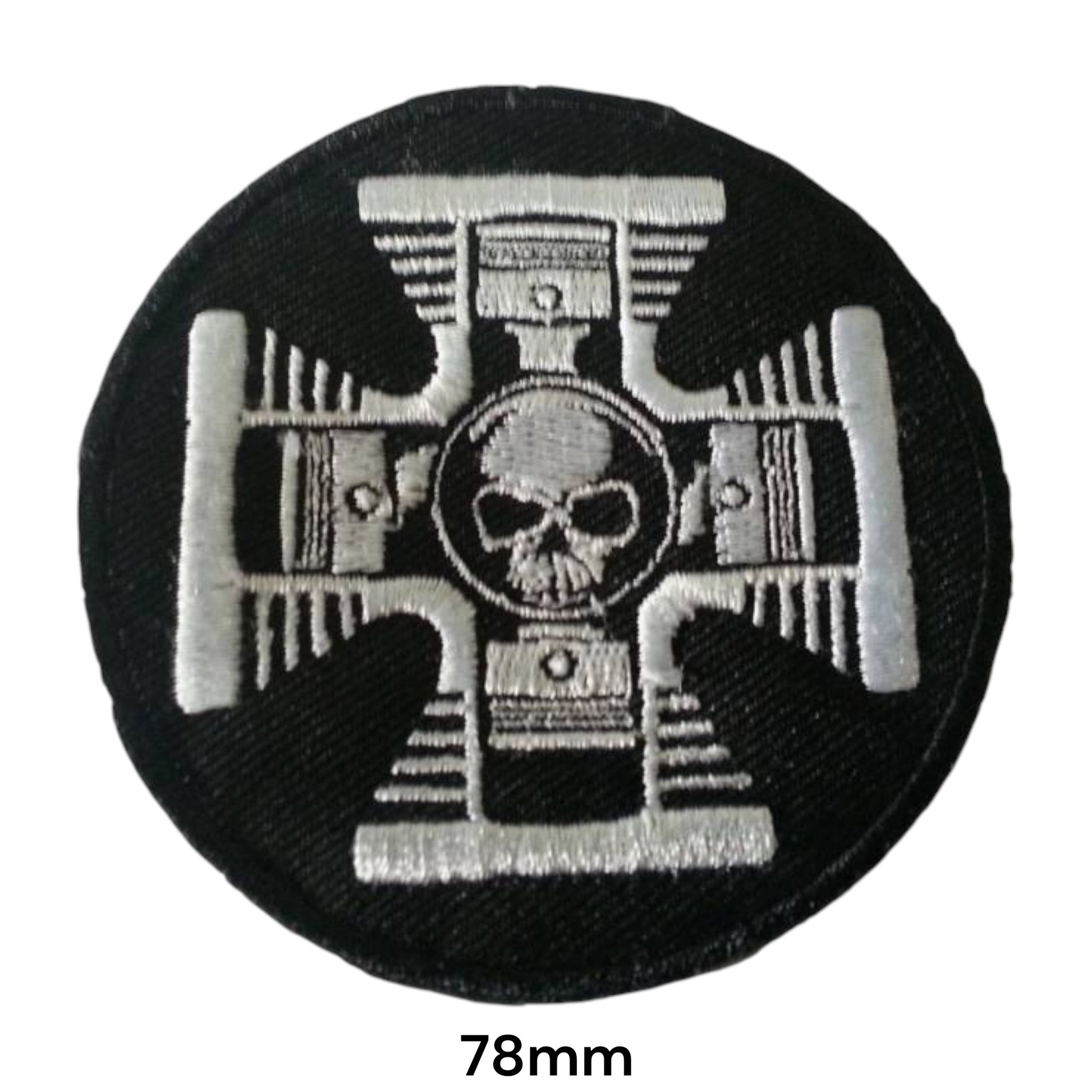 Four Pistons Skull Cross Embroidered Patch 78x78mm – Black, Silver & White