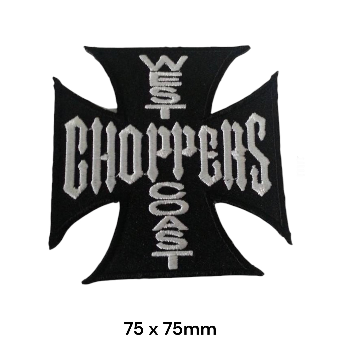 West Coast Choppers Iron Cross Small Black Embroidered Patch 75x75mm – Black & White