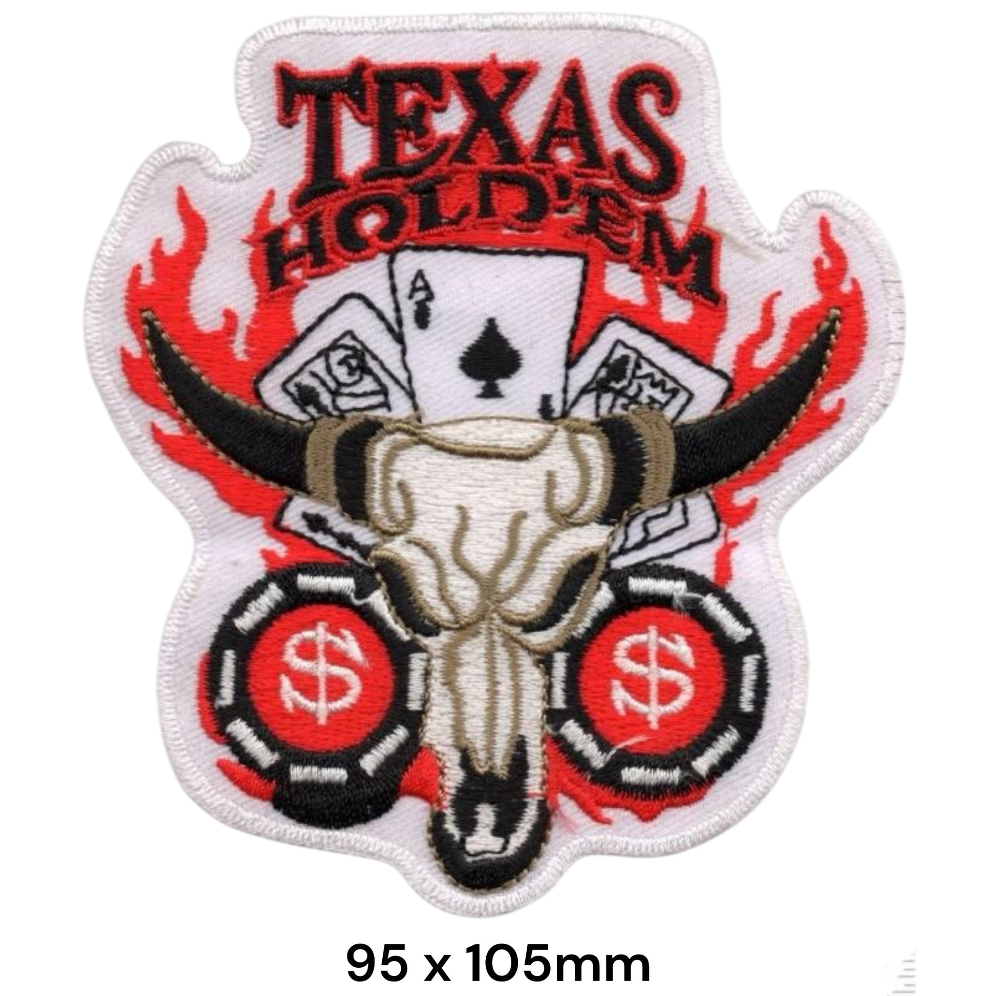 Texas Hold'em Bull Skull Poker Embroidered Patch 95x105mm – White, Red, Black & Gold