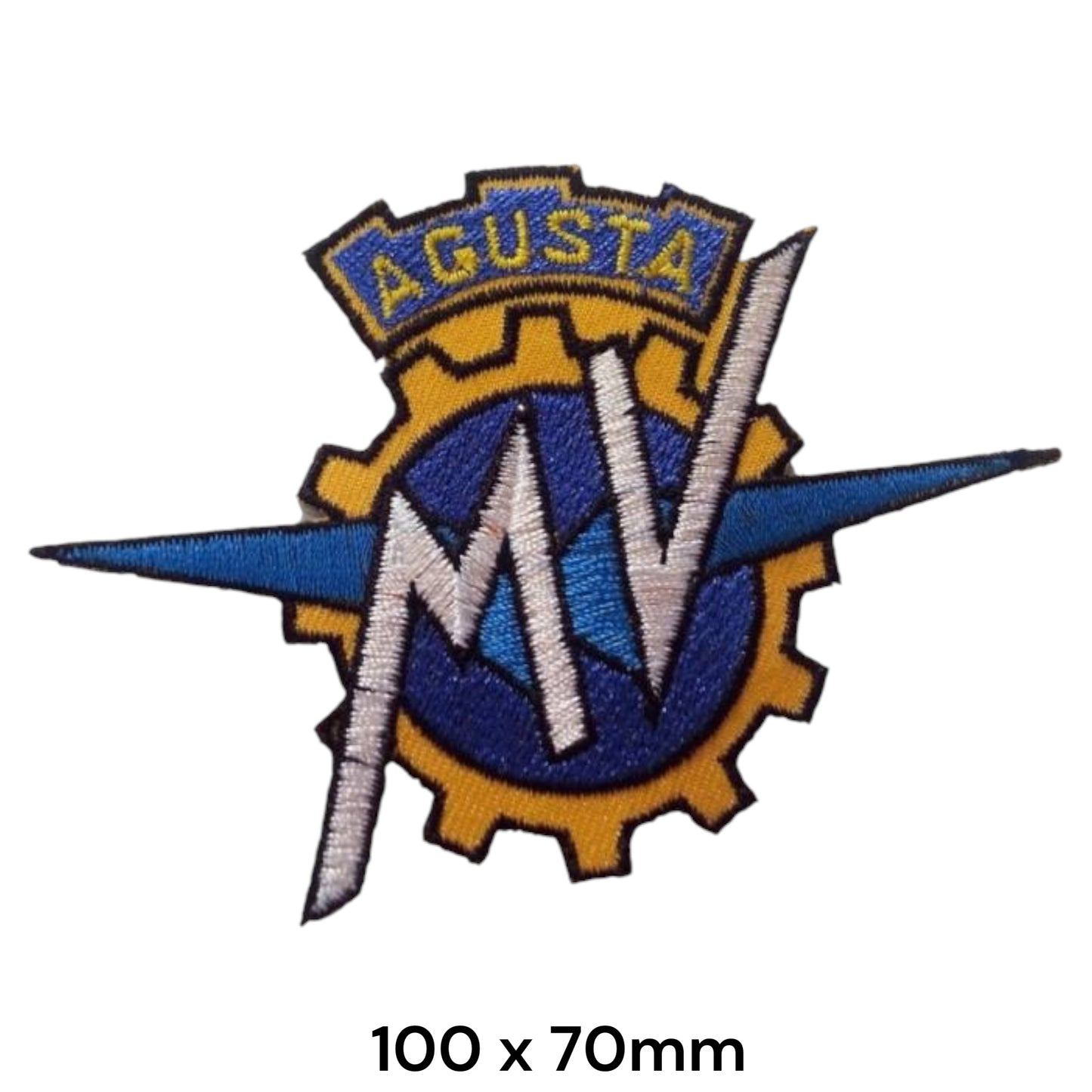 MV Agusta Gear Crest Logo Embroidered Patch 100x70mm – Blue, Gold & White